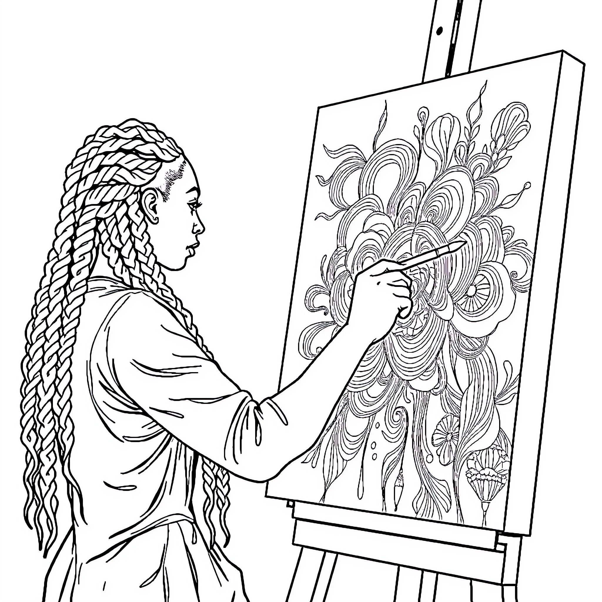 Woman painting abstract design on canvas Coloring Page (free black-and-white line drawing printable PDF for all, from beginners to advanced learners, including children, teens, adults, and seniors)