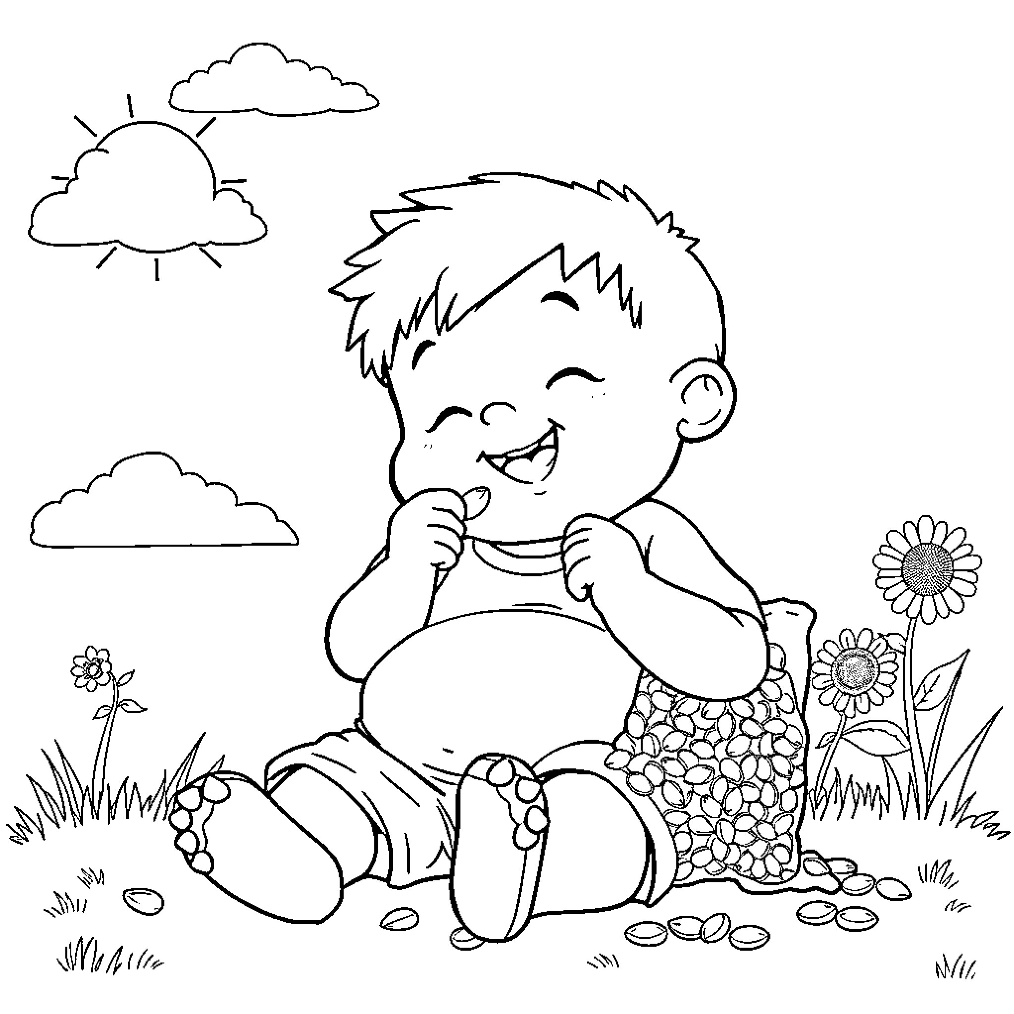 Boy playing happily in the meadow Coloring Page (free black-and-white line drawing printable PDF for all, from beginners to advanced learners, including children, teens, adults, and seniors)