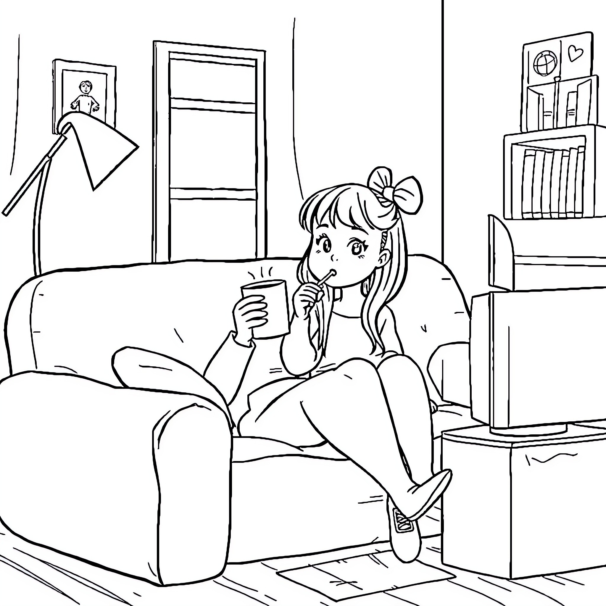 Amelia relaxes with a warm drink in her cozy room Coloring Page (free black-and-white line drawing printable PDF for all, from beginners to advanced learners, including children, teens, adults, and seniors)