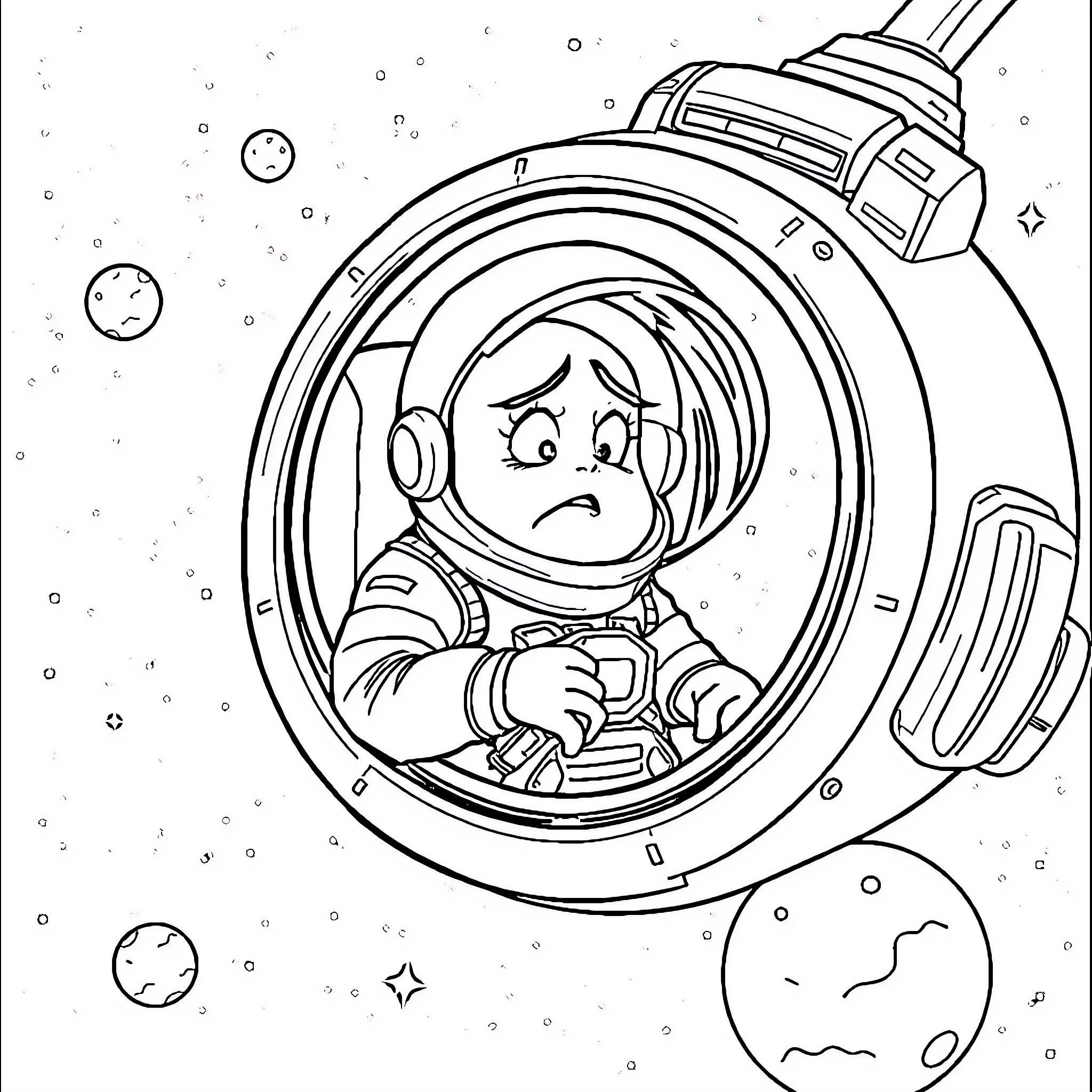 Astronaut in distress exploring the cosmos Coloring Page (free black-and-white line drawing printable PDF for all, from beginners to advanced learners, including children, teens, adults, and seniors)