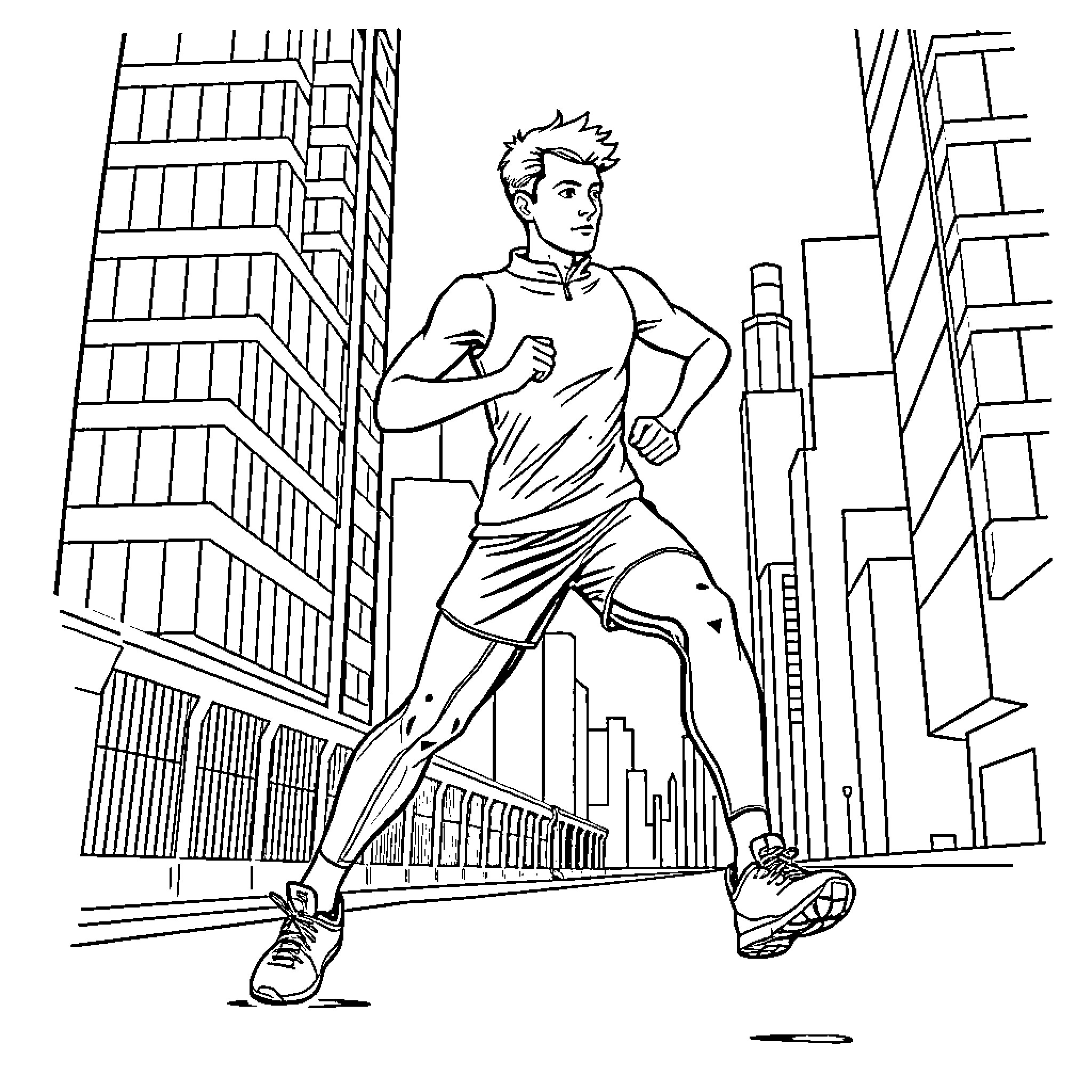 Runner exercising on city streets Coloring Page (free black-and-white line drawing printable PDF for all, from beginners to advanced learners, including children, teens, adults, and seniors)