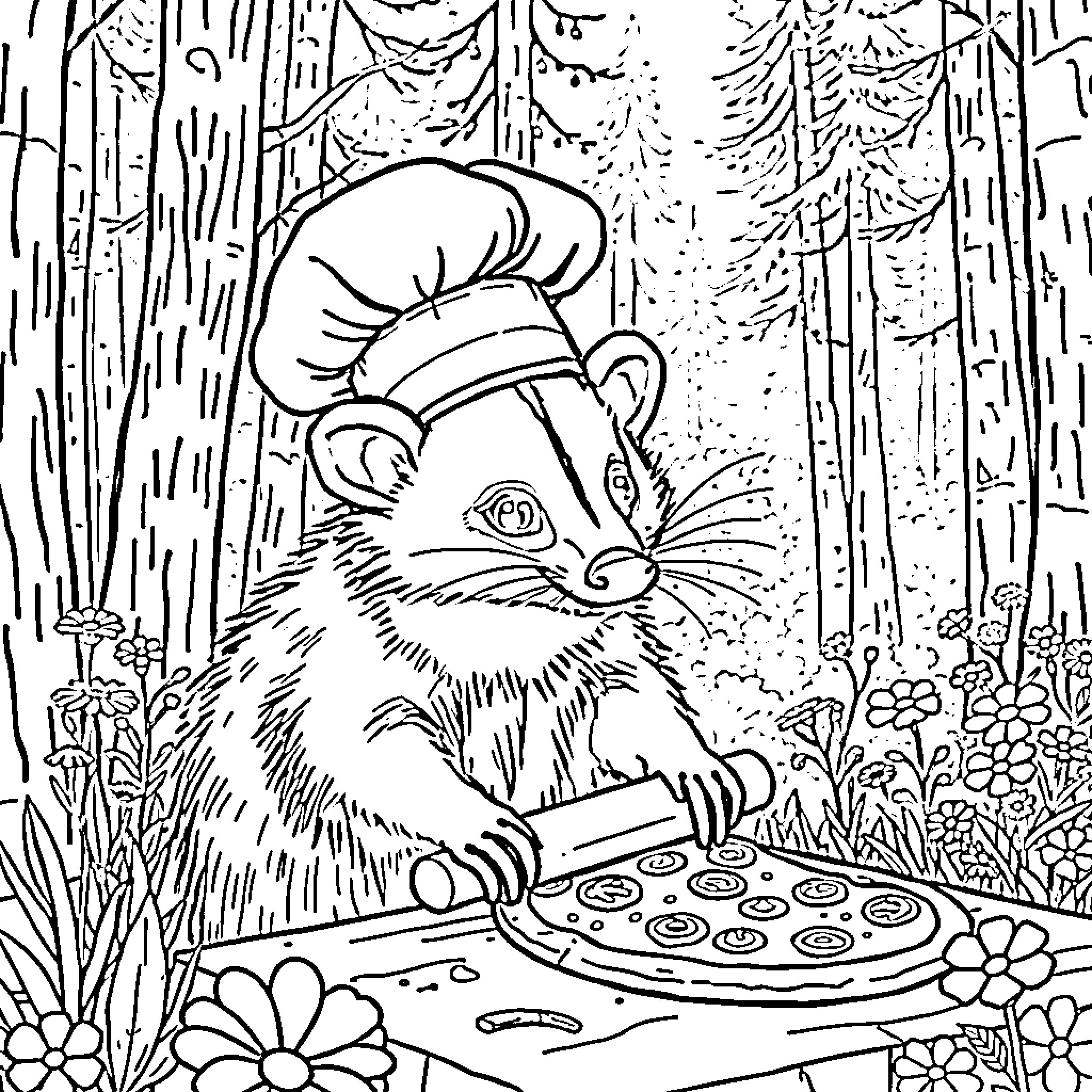 Opossum Chef Preparing Delicious Meal in the Forest Coloring Page (free black-and-white line drawing printable PDF for all, from beginners to advanced learners, including children, teens, adults, and seniors)