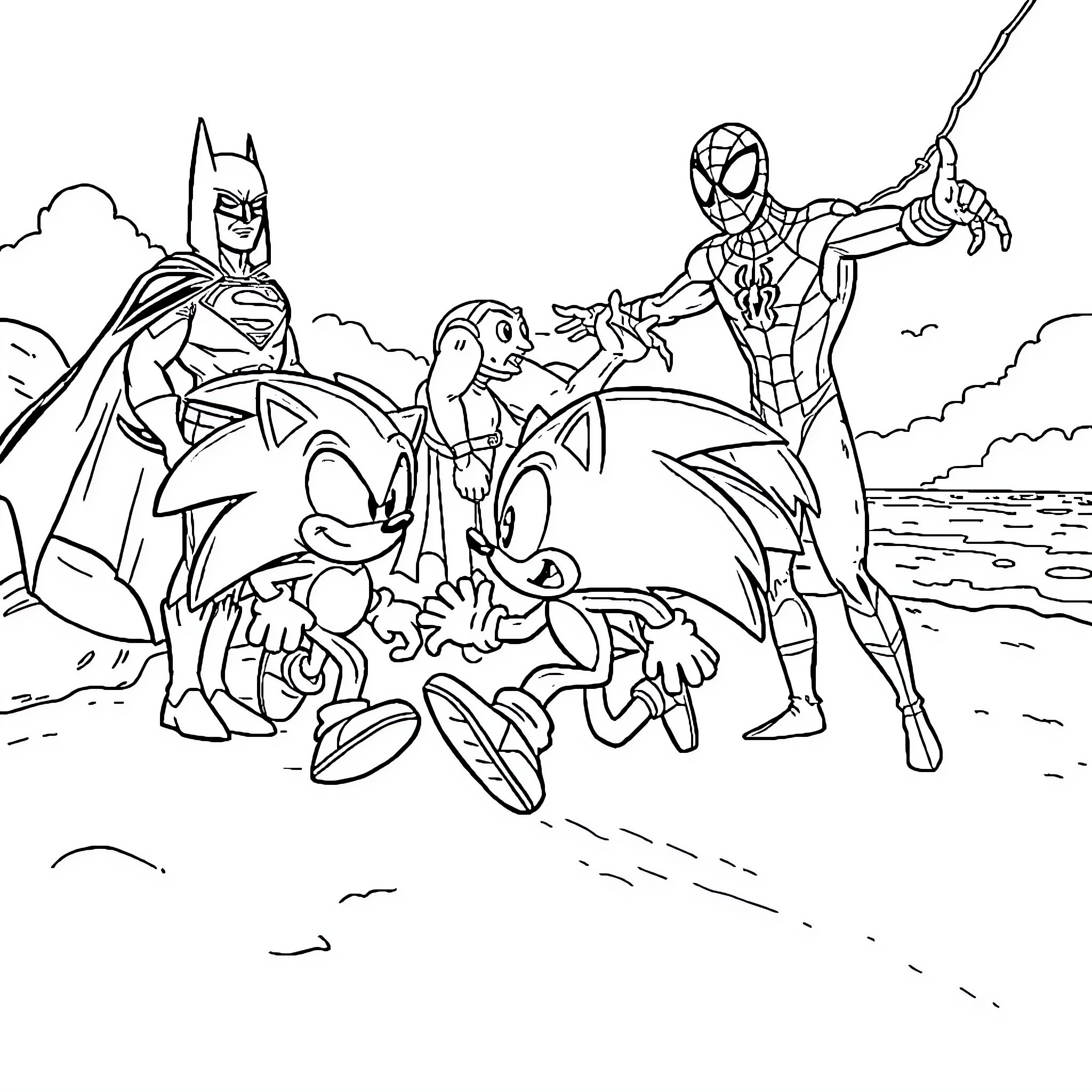 Sonic Heroes Assemble for Adventure Coloring Page (free black-and-white line drawing printable PDF for all, from beginners to advanced learners, including children, teens, adults, and seniors)