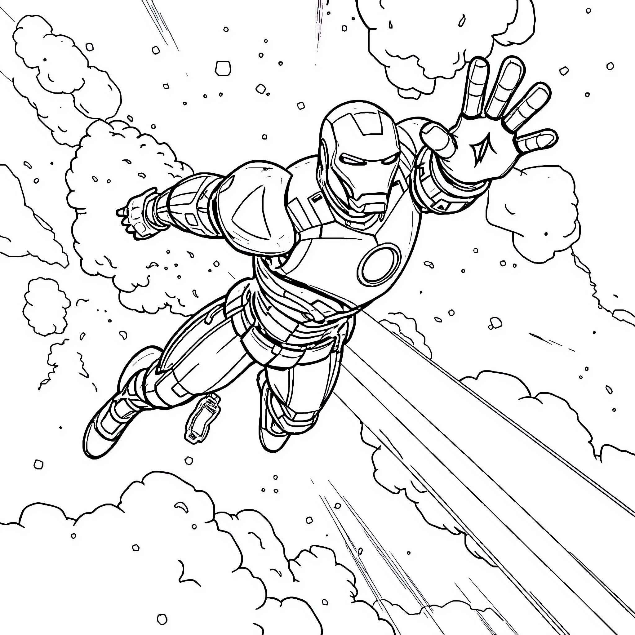 Iron Man flying through the sky in action Coloring Page (free black-and-white line drawing printable PDF for all, from beginners to advanced learners, including children, teens, adults, and seniors)