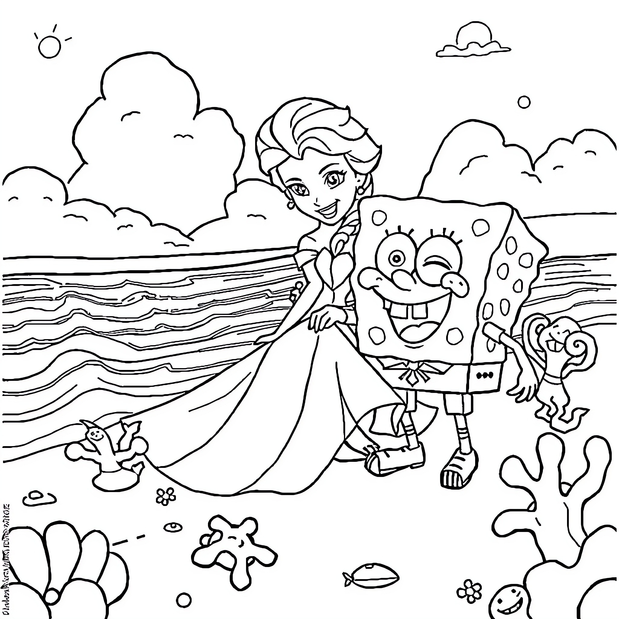 Elsa enjoying an underwater adventure with sea creatures Coloring Page (free black-and-white line drawing printable PDF for all, from beginners to advanced learners, including children, teens, adults, and seniors)