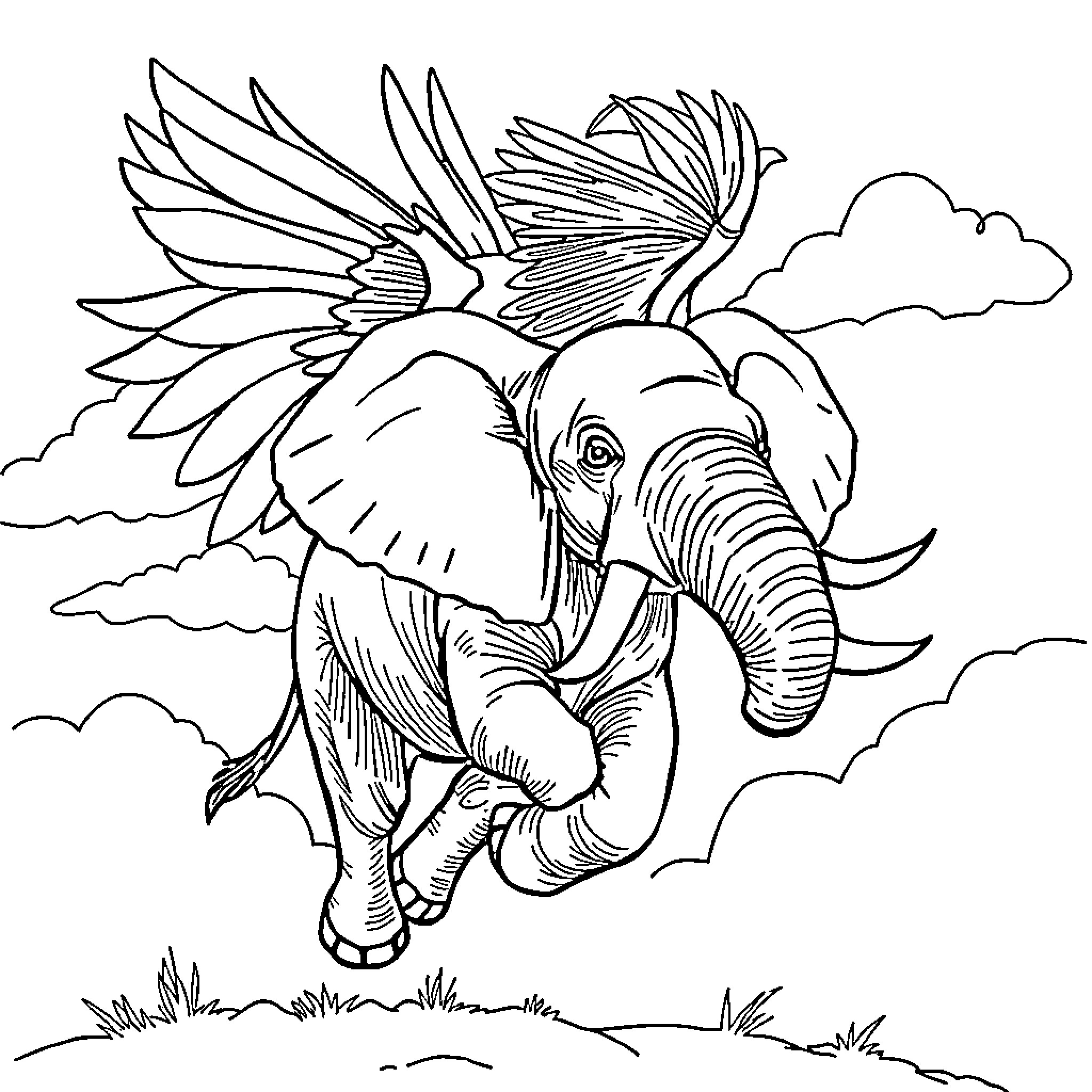 Elephant with wings flying through clouds Coloring Page (free black-and-white line drawing printable PDF for all, from beginners to advanced learners, including children, teens, adults, and seniors)