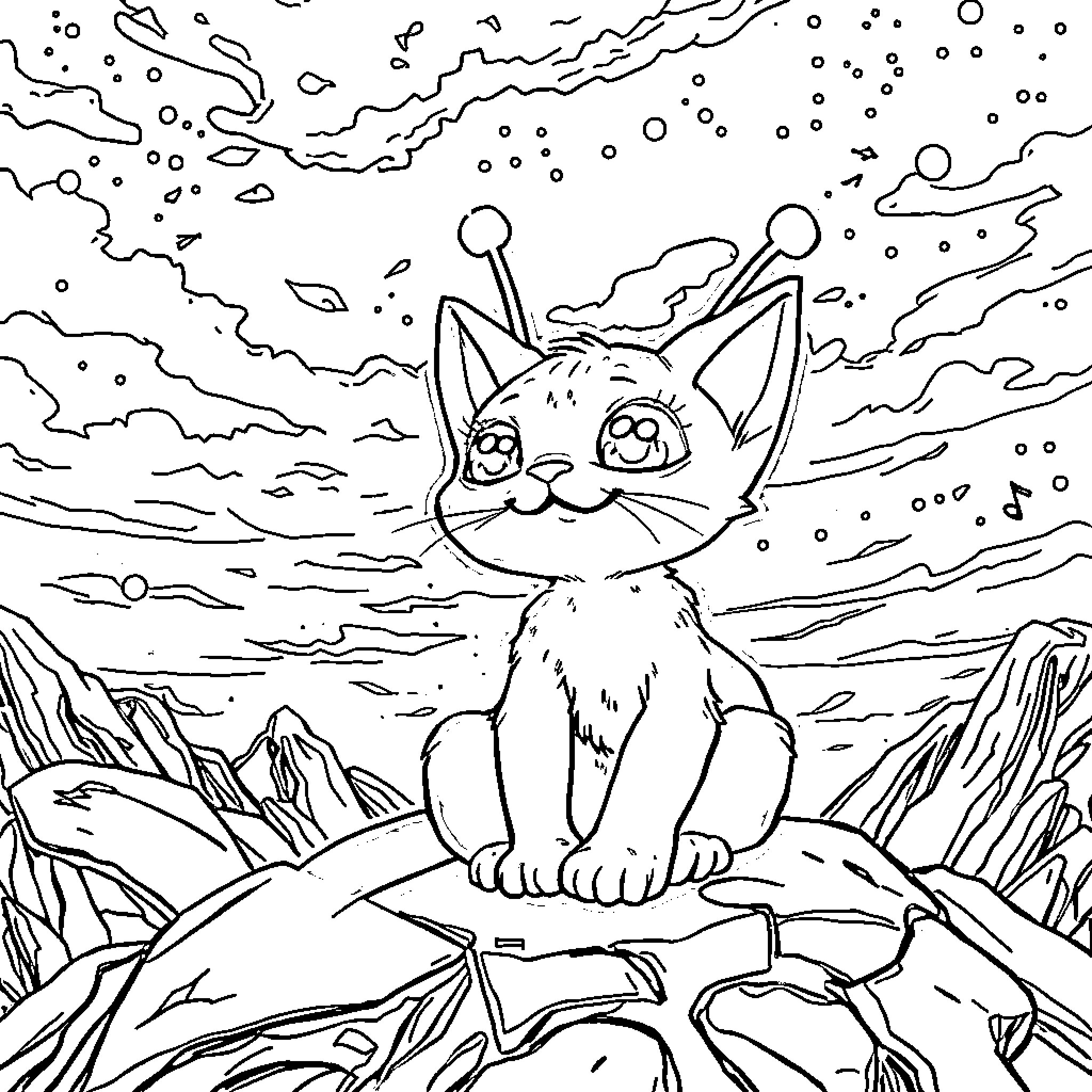 Alien Cat Exploring the Cosmic Landscape Coloring Page (free black-and-white line drawing printable PDF for all, from beginners to advanced learners, including children, teens, adults, and seniors)