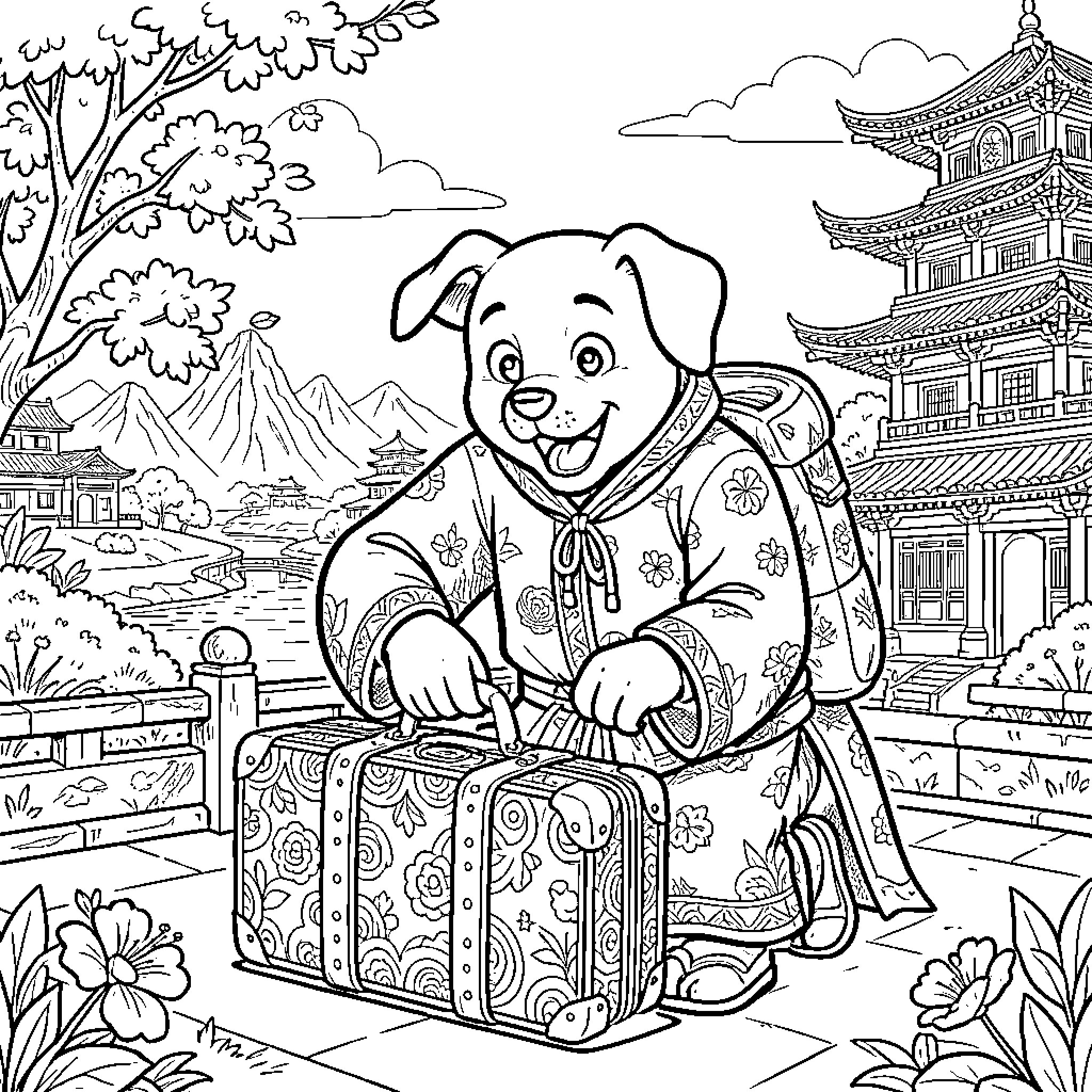 Dogman explores Japanese landscape with luggage Coloring Page (free black-and-white line drawing printable PDF for all, from beginners to advanced learners, including children, teens, adults, and seniors)