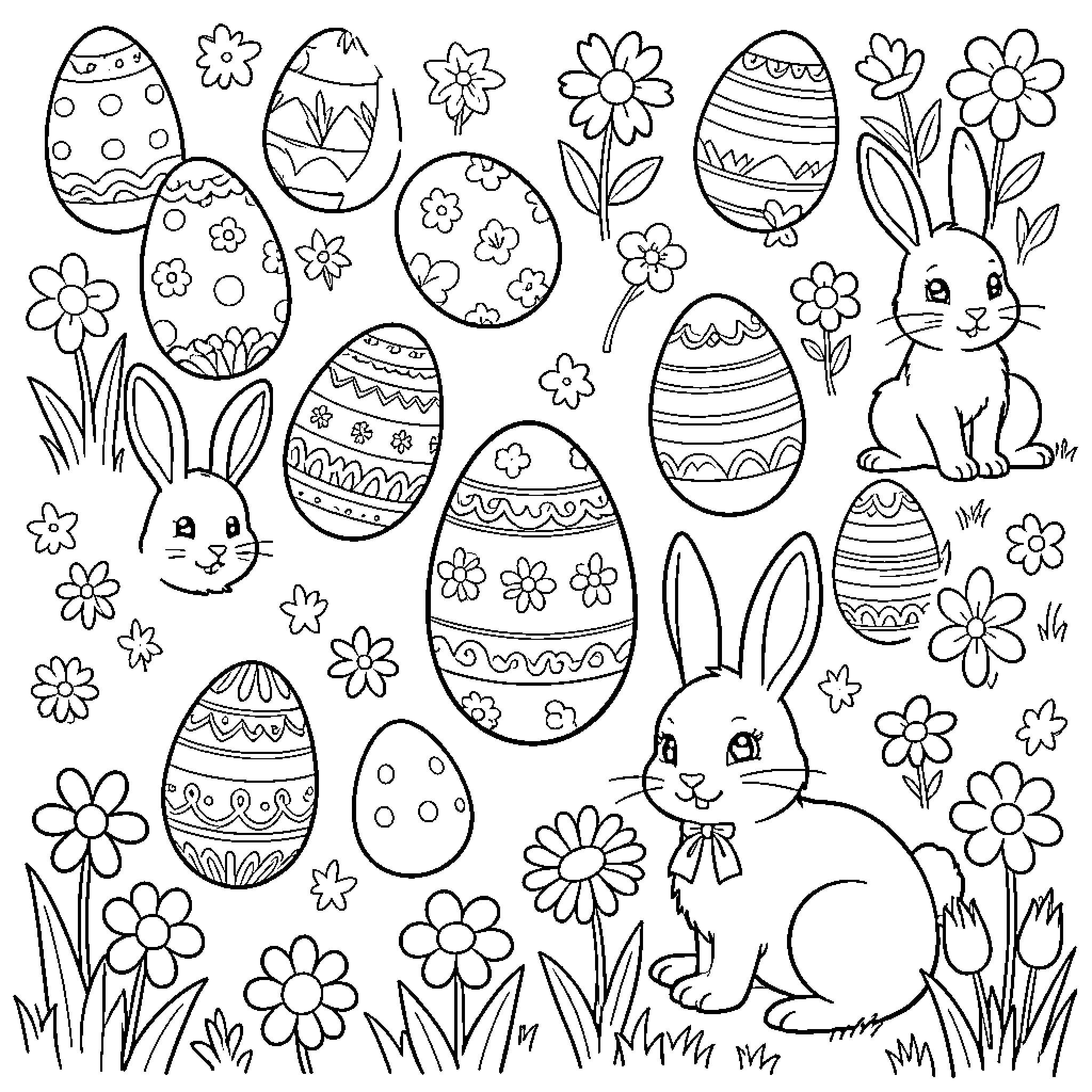 Easter scene with decorated eggs, bunnies, and flowers Coloring Page (free black-and-white line drawing printable PDF for all, from beginners to advanced learners, including children, teens, adults, and seniors)
