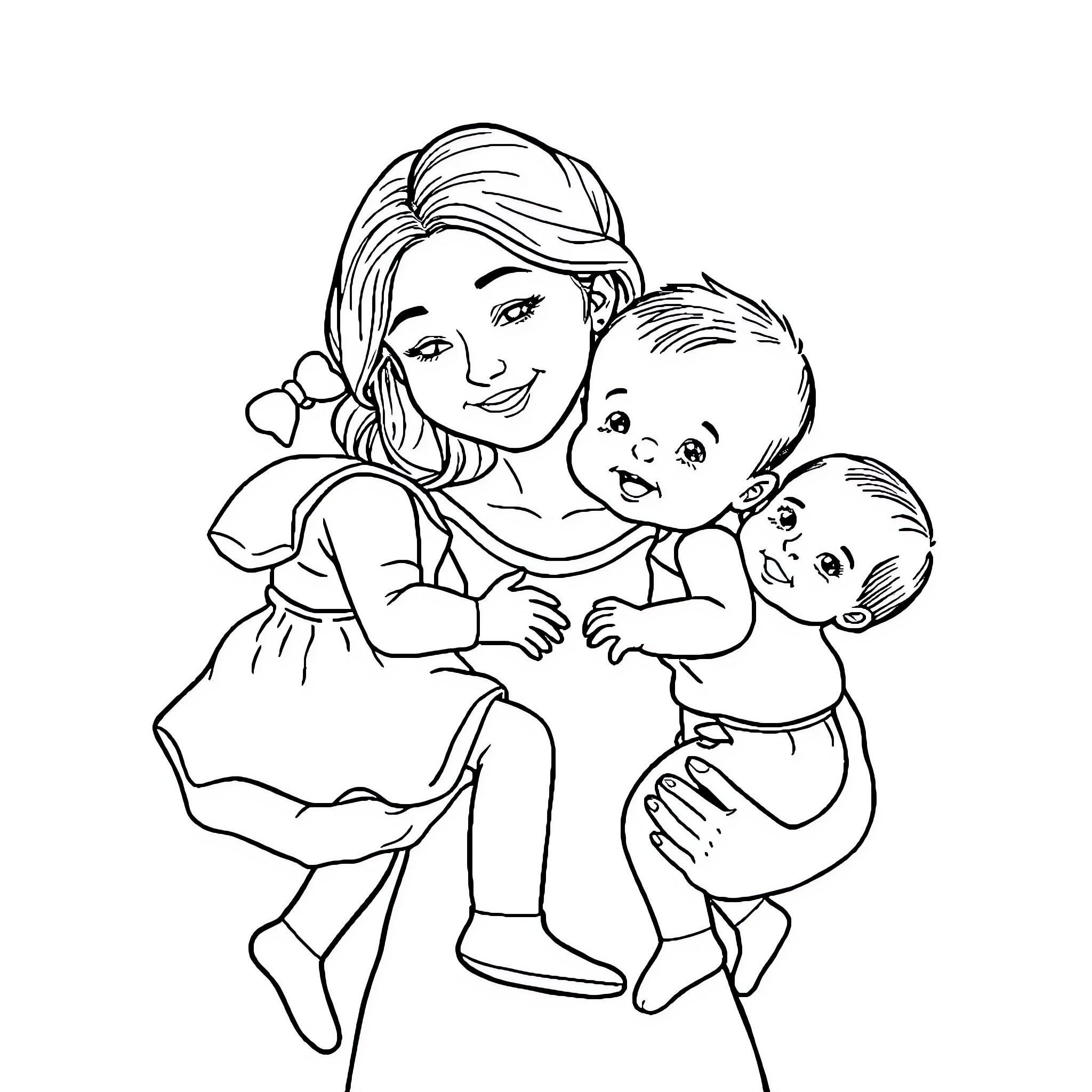 Mother embracing her young children with love Coloring Page (free black-and-white line drawing printable PDF for all, from beginners to advanced learners, including children, teens, adults, and seniors)