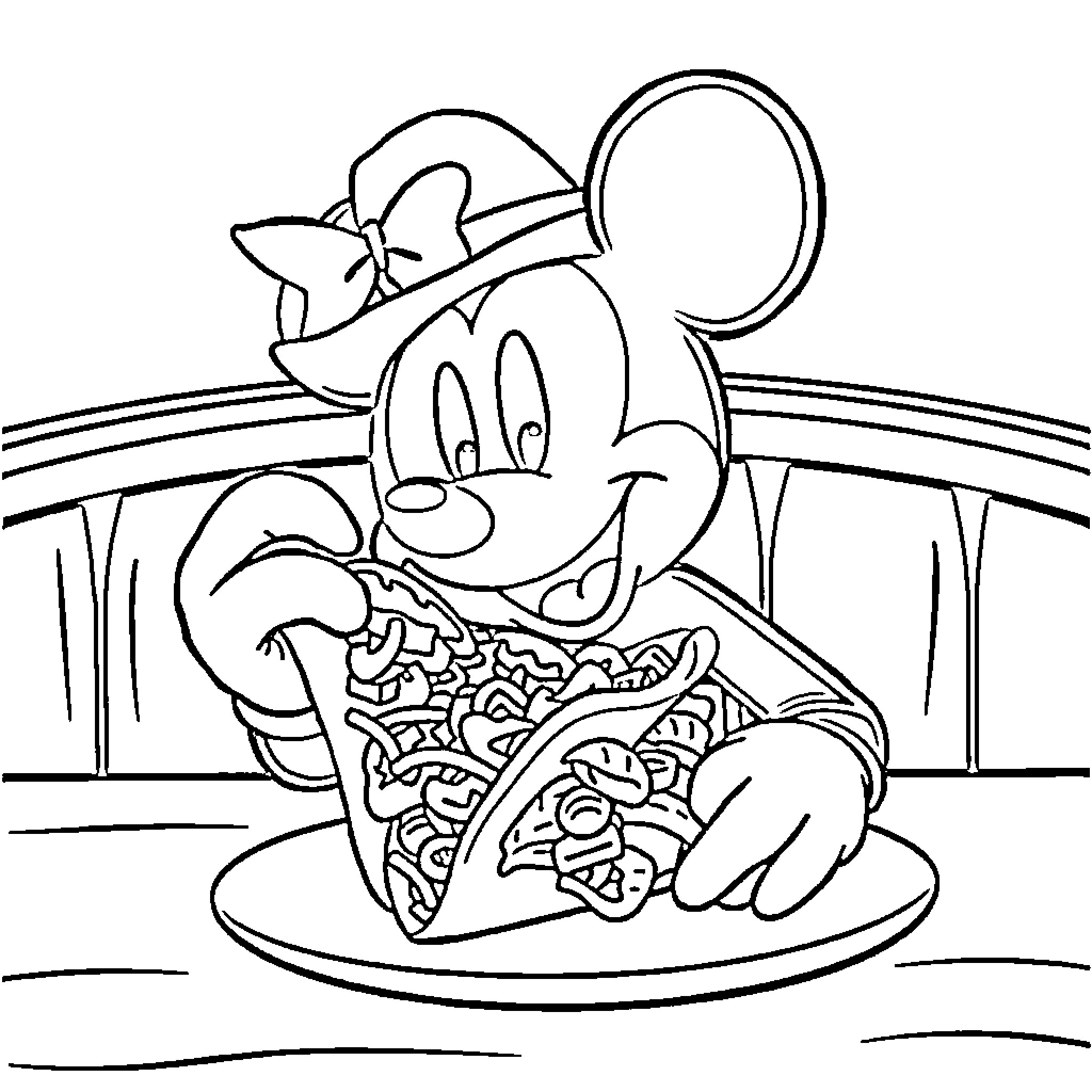 Mickey Mouse enjoying a hearty meal Coloring Page (free black-and-white line drawing printable PDF for all, from beginners to advanced learners, including children, teens, adults, and seniors)