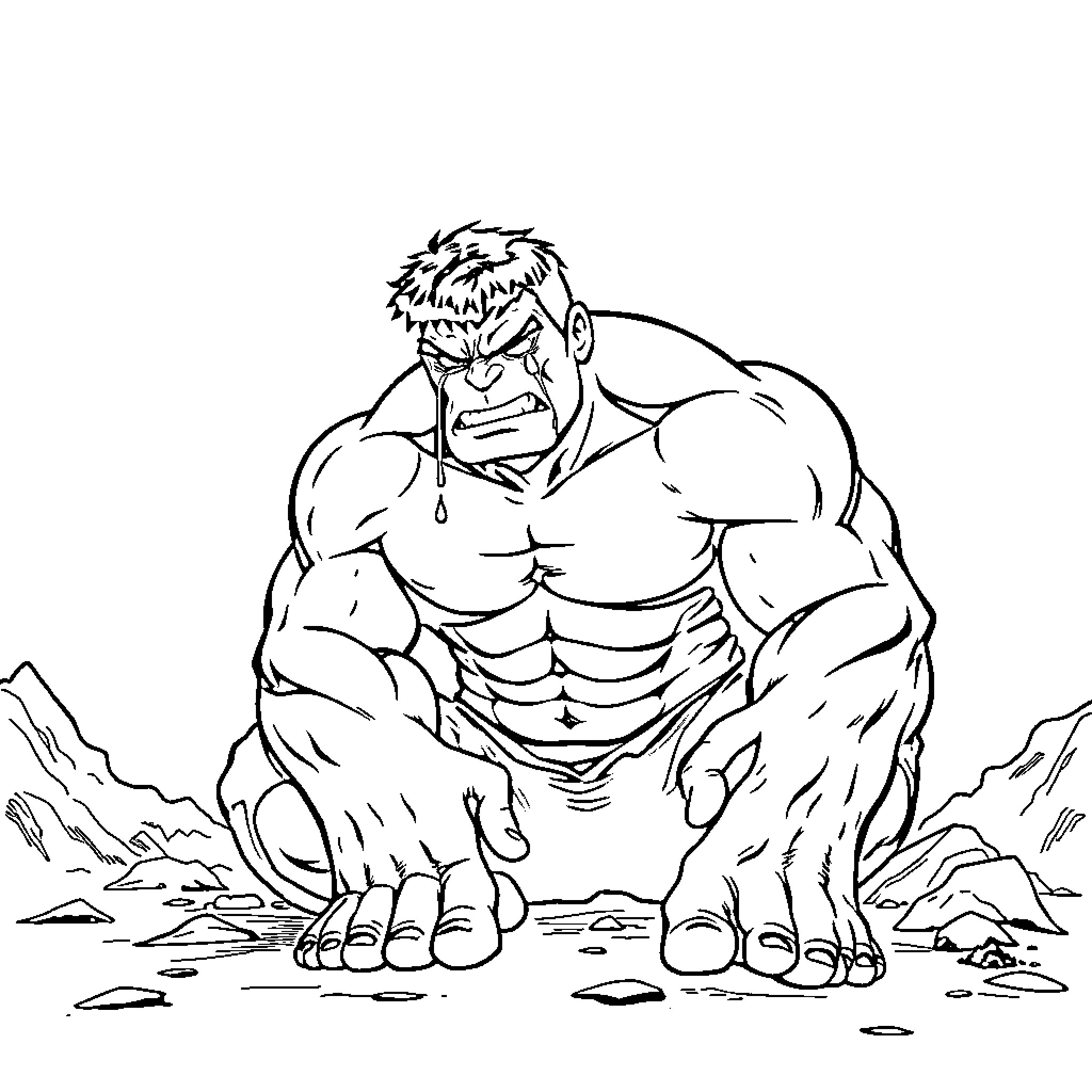 Hulk smashing through the terrain Coloring Page (free black-and-white line drawing printable PDF for all, from beginners to advanced learners, including children, teens, adults, and seniors)