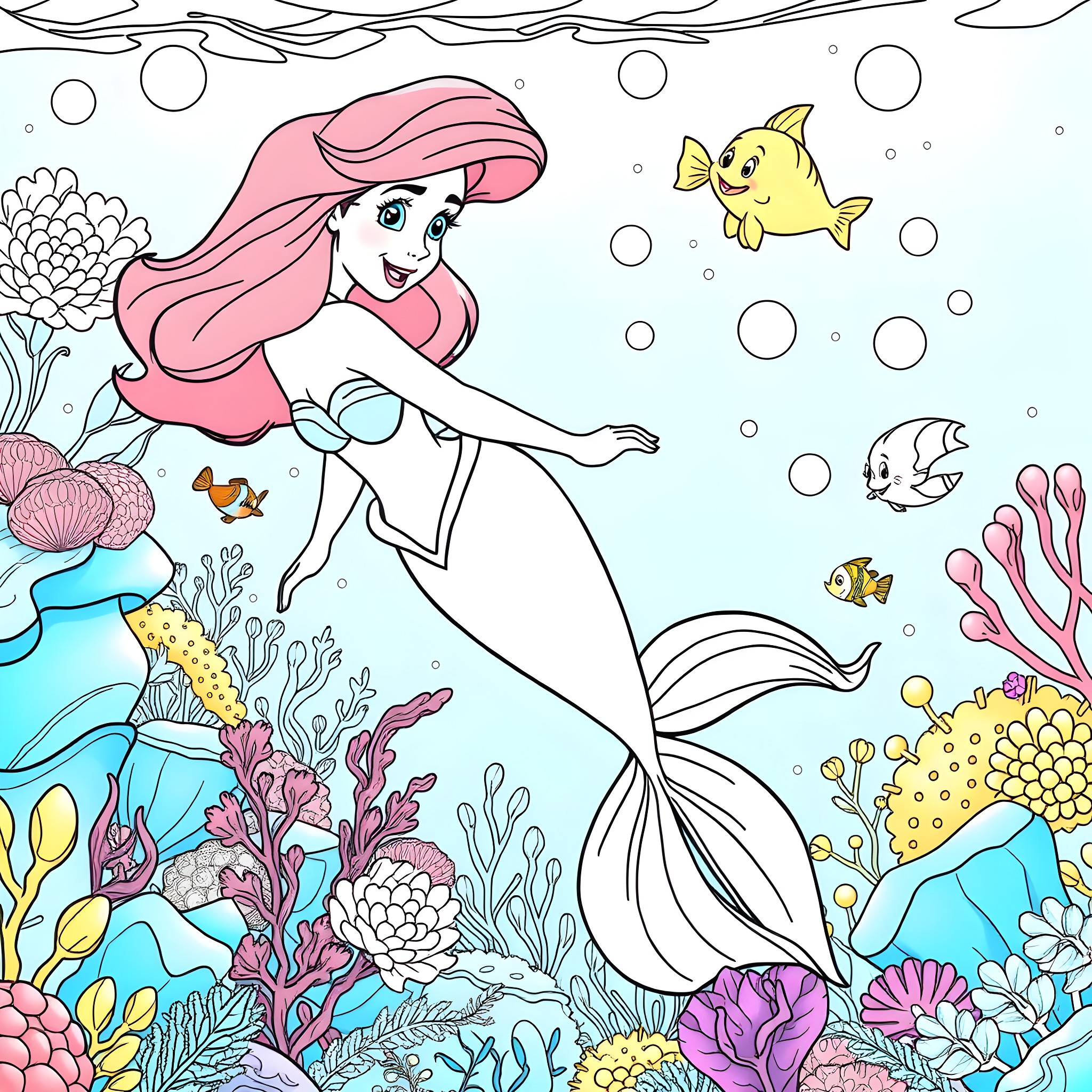 Ariel's Underwater Adventure with Marine Life Coloring Page (free black-and-white line drawing printable PDF for all, from beginners to advanced learners, including children, teens, adults, and seniors)