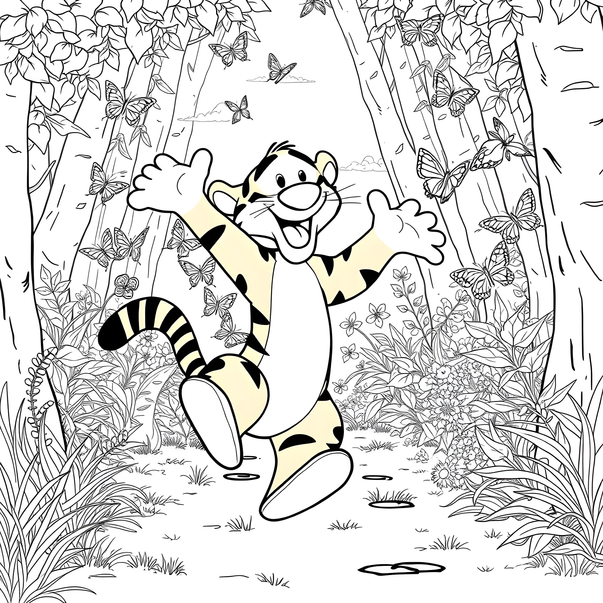 Tigger Joyfully Bouncing Through the Enchanted Forest Coloring Page (free black-and-white line drawing printable PDF for all, from beginners to advanced learners, including children, teens, adults, and seniors)
