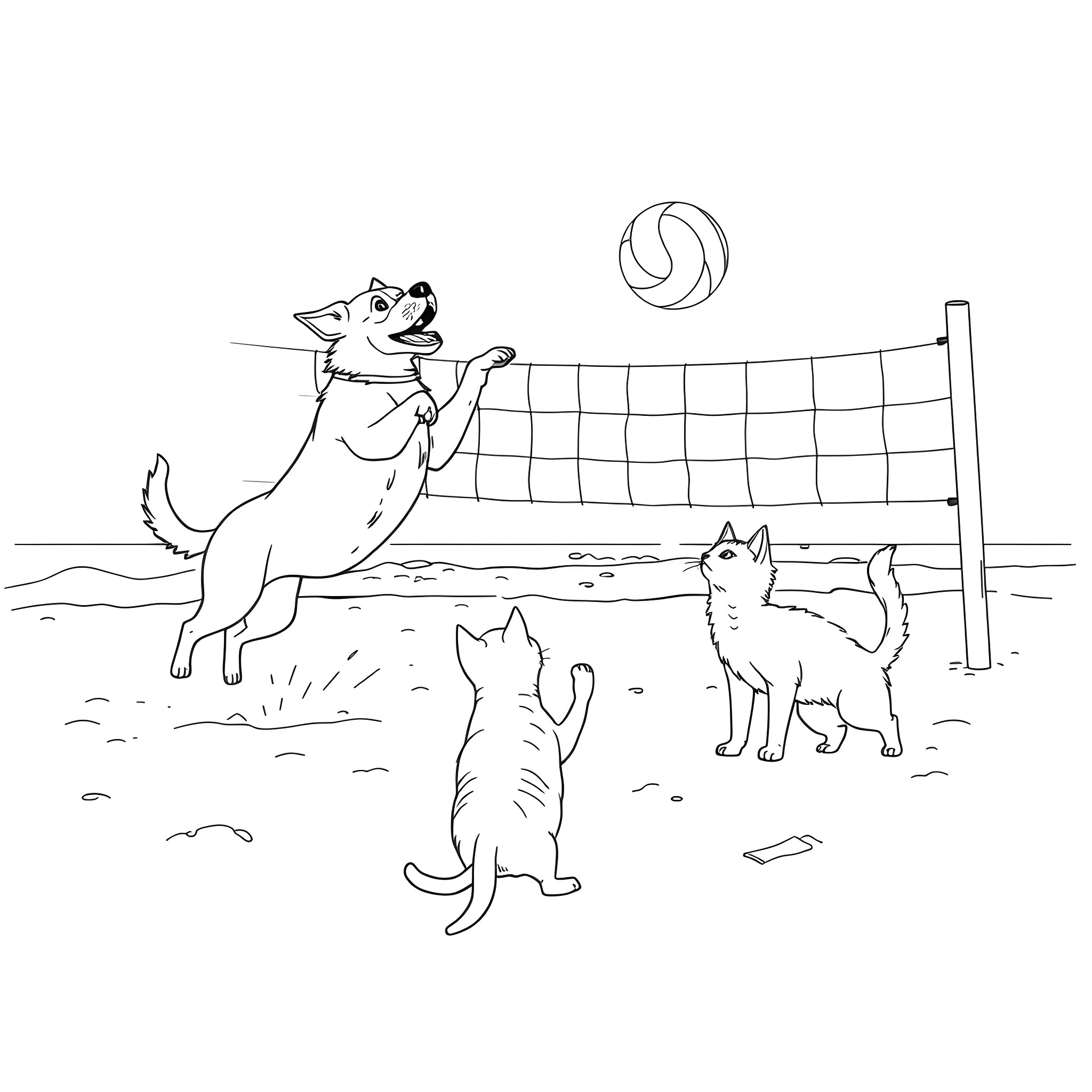 Dogs playing volleyball on the beach Coloring Page (free black-and-white line drawing printable PDF for all, from beginners to advanced learners, including children, teens, adults, and seniors)