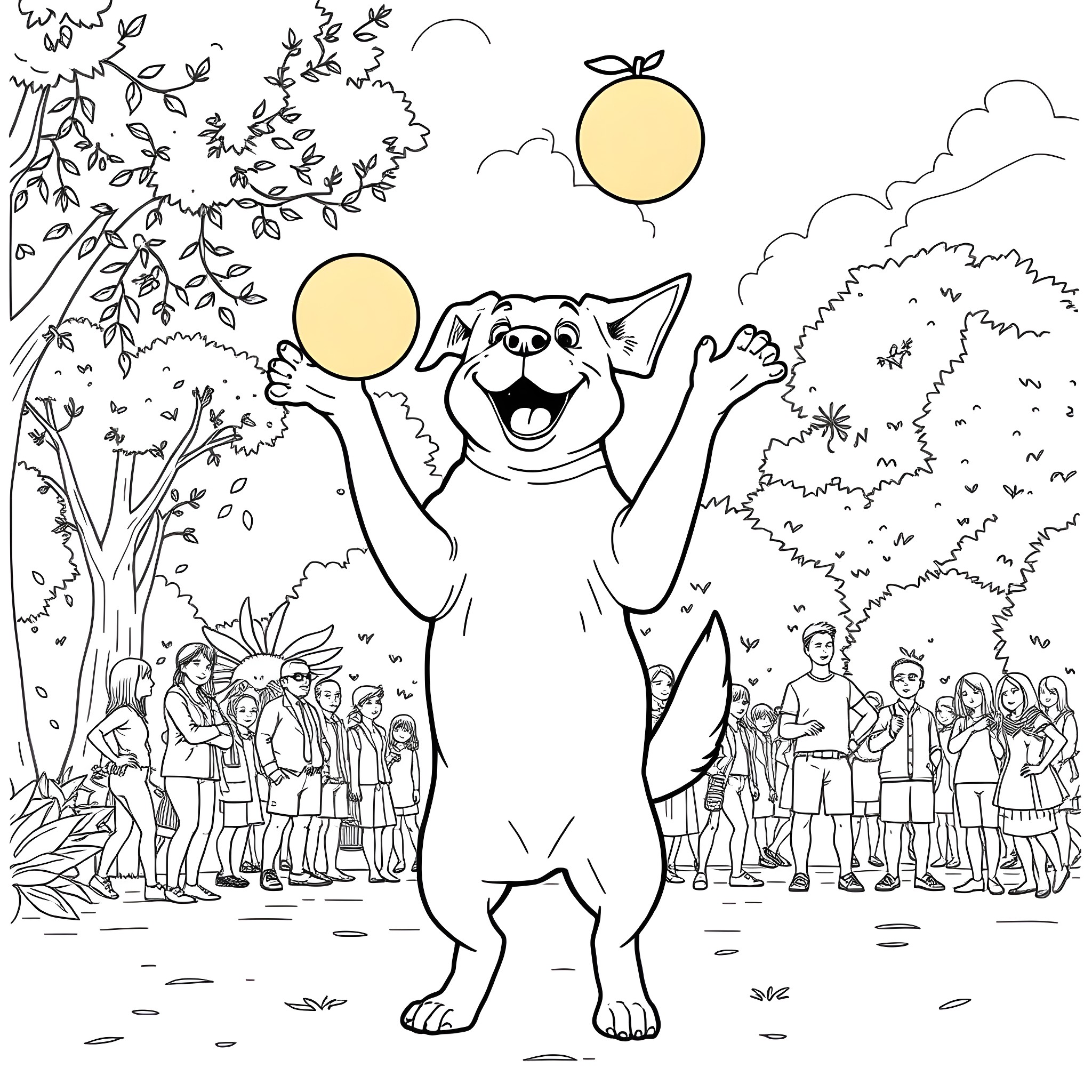 Dog playing joyfully with balloons in the park Coloring Page (free black-and-white line drawing printable PDF for all, from beginners to advanced learners, including children, teens, adults, and seniors)