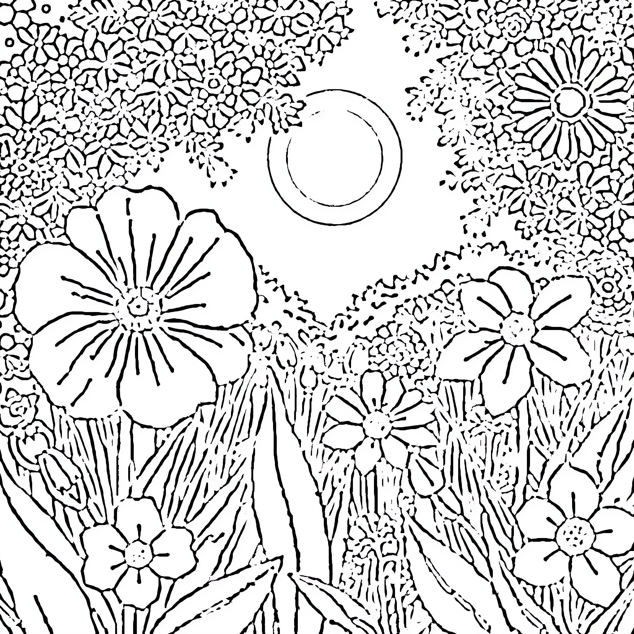 Flower Garden at Night Coloring Page (free black-and-white line drawing printable PDF for all, from beginners to advanced learners, including children, teens, adults, and seniors)