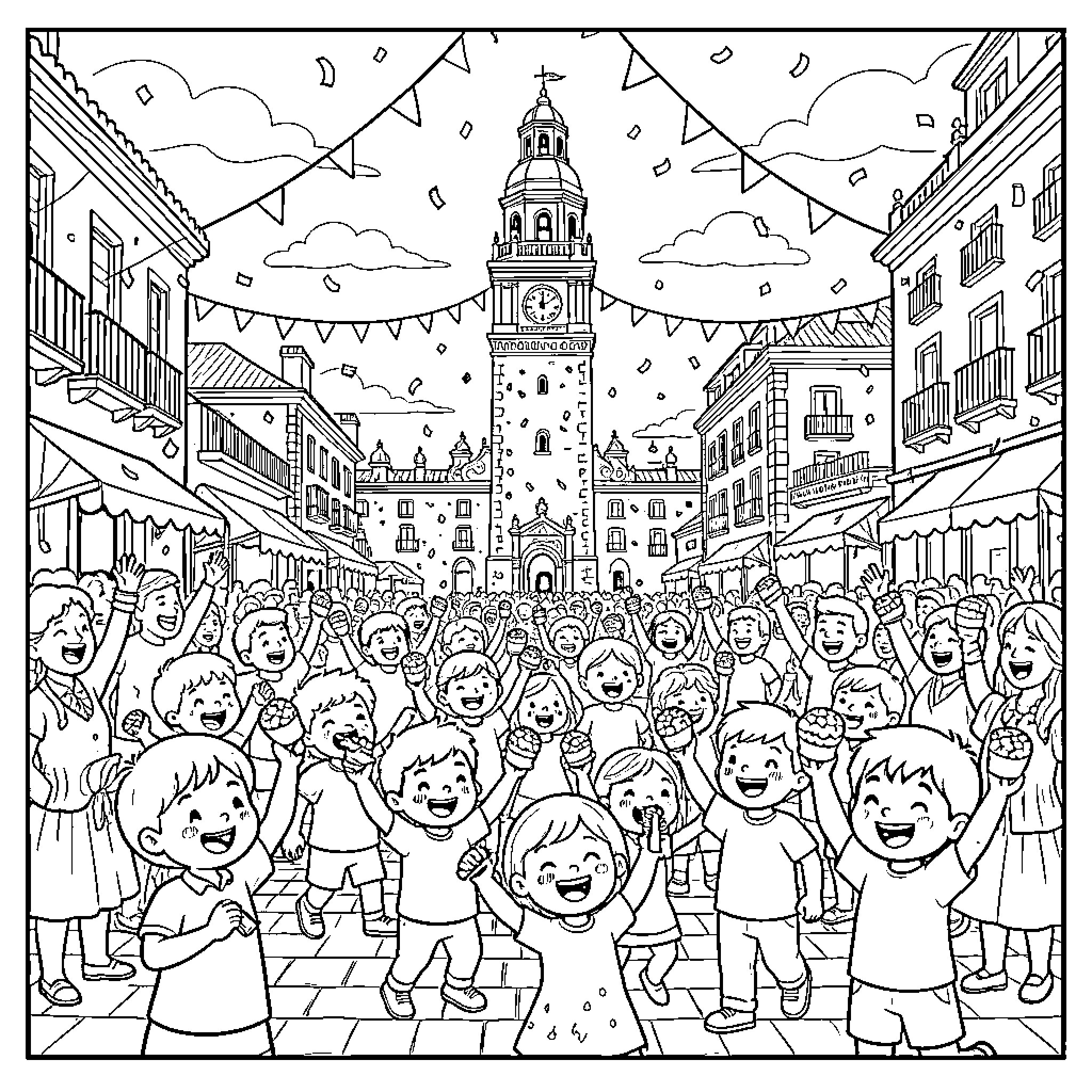 Fiestas del Pilar: Lively celebration with joyful crowd Coloring Page (free black-and-white line drawing printable PDF for all, from beginners to advanced learners, including children, teens, adults, and seniors)
