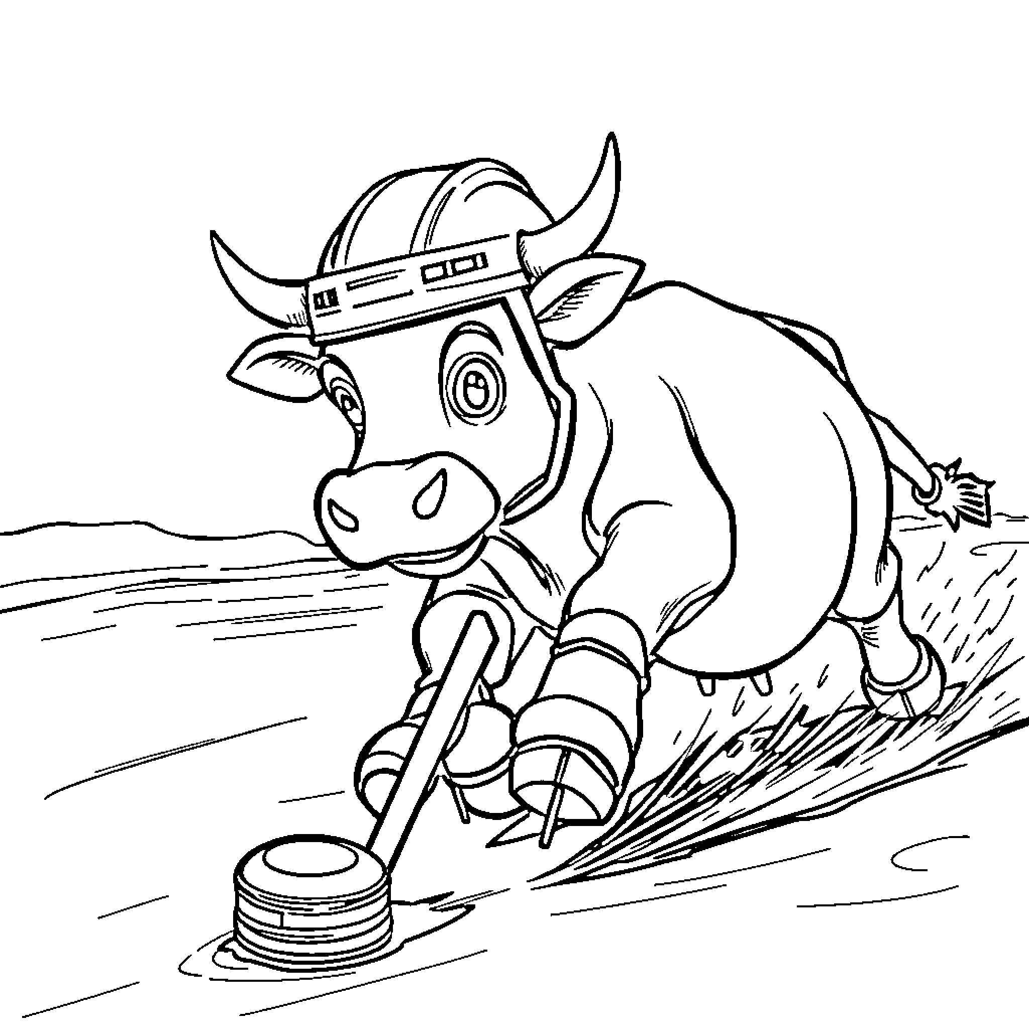 Cow in Viking Helmet Curling on Ice Coloring Page (free black-and-white line drawing printable PDF for all, from beginners to advanced learners, including children, teens, adults, and seniors)