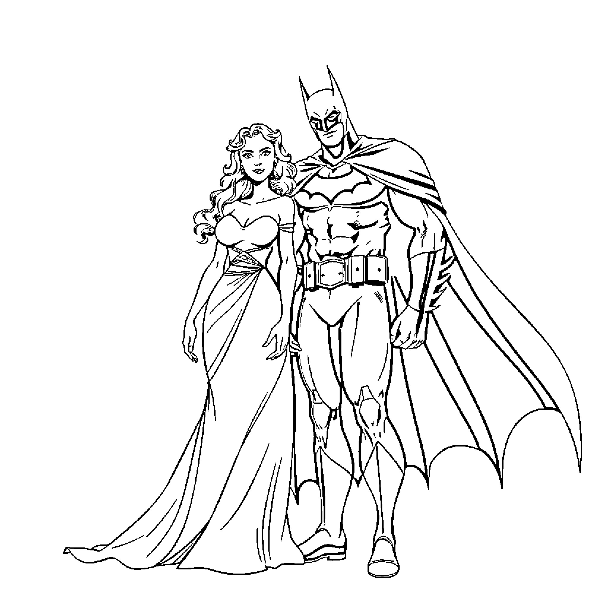 Batman and Companion in Heroic Stance Coloring Page (free black-and-white line drawing printable PDF for all, from beginners to advanced learners, including children, teens, adults, and seniors)