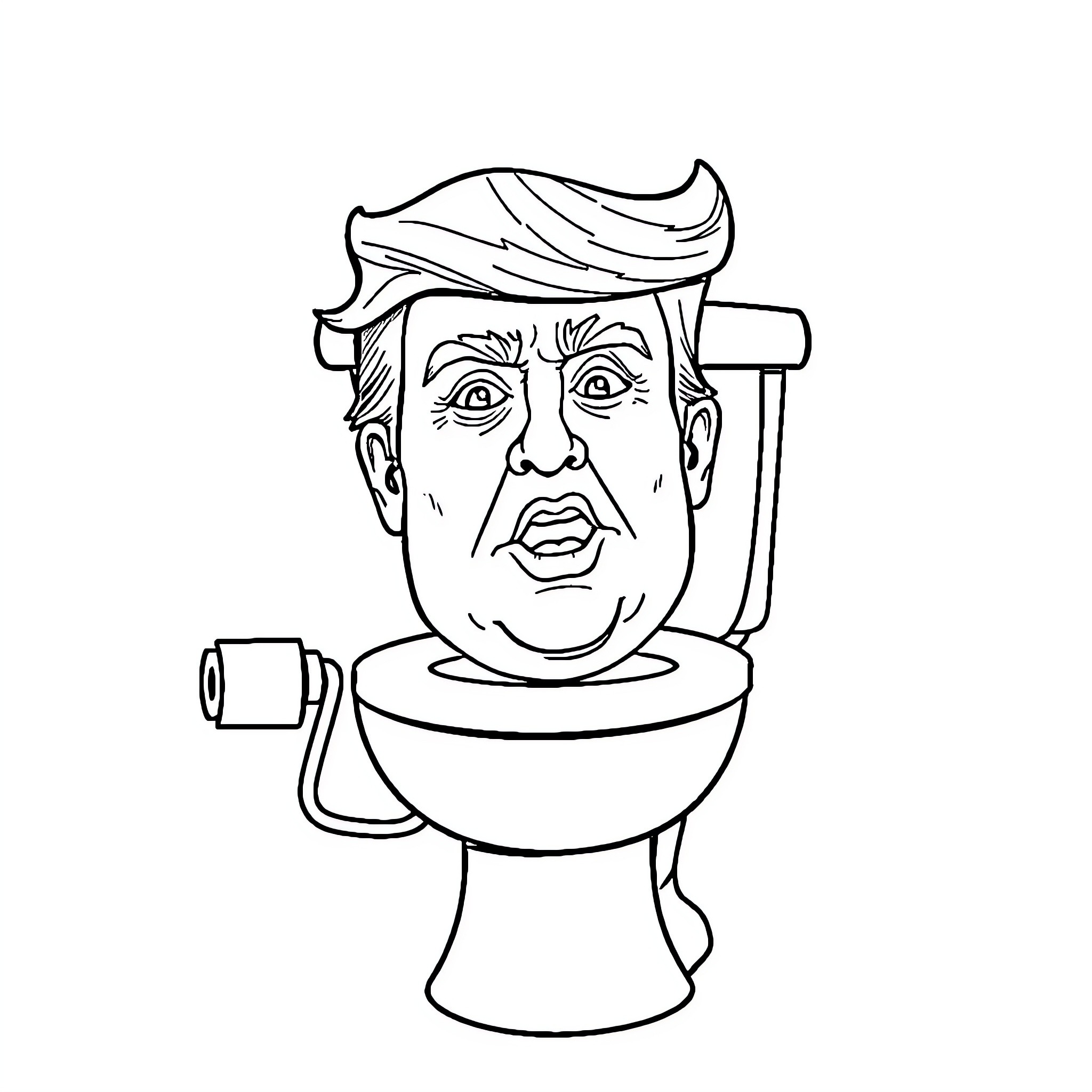 Trump's Angry Expression in Toilet Bowl Coloring Page (free black-and-white line drawing printable PDF for all, from beginners to advanced learners, including children, teens, adults, and seniors)