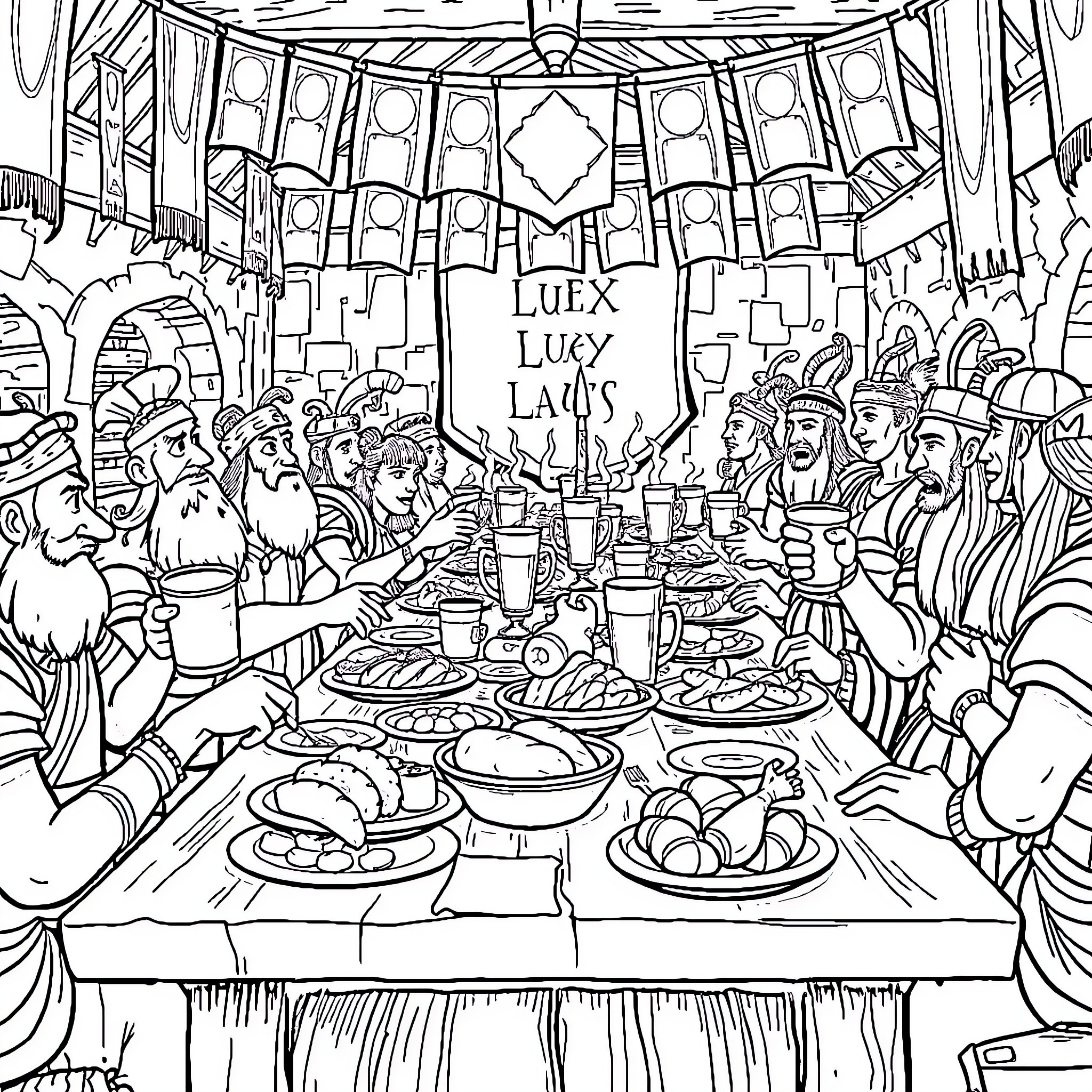 Asterix and Friends Feasting in the Banquet Hall Coloring Page (free black-and-white line drawing printable PDF for all, from beginners to advanced learners, including children, teens, adults, and seniors)