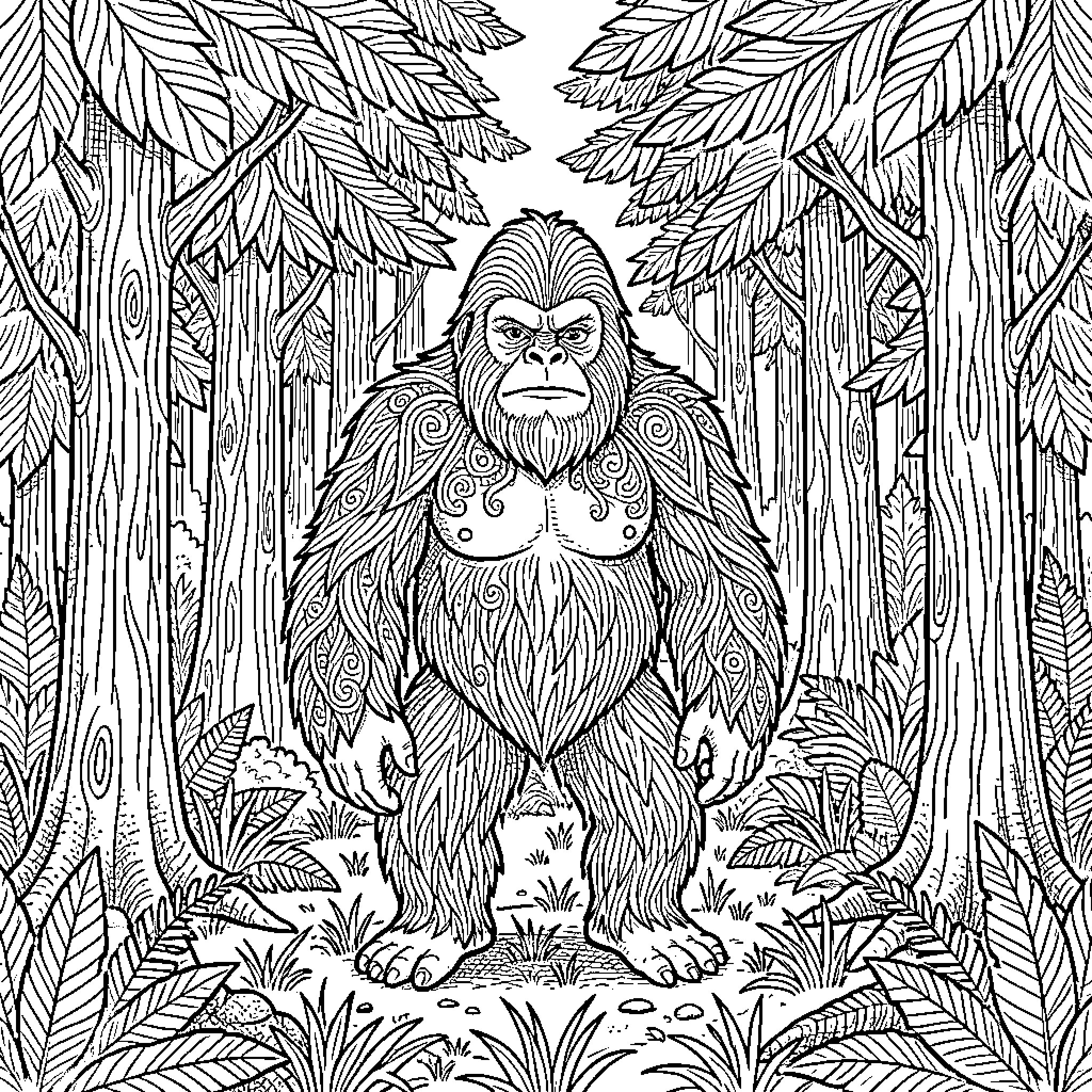 Sasquatch in the enchanted forest Coloring Page (free black-and-white line drawing printable PDF for all, from beginners to advanced learners, including children, teens, adults, and seniors)