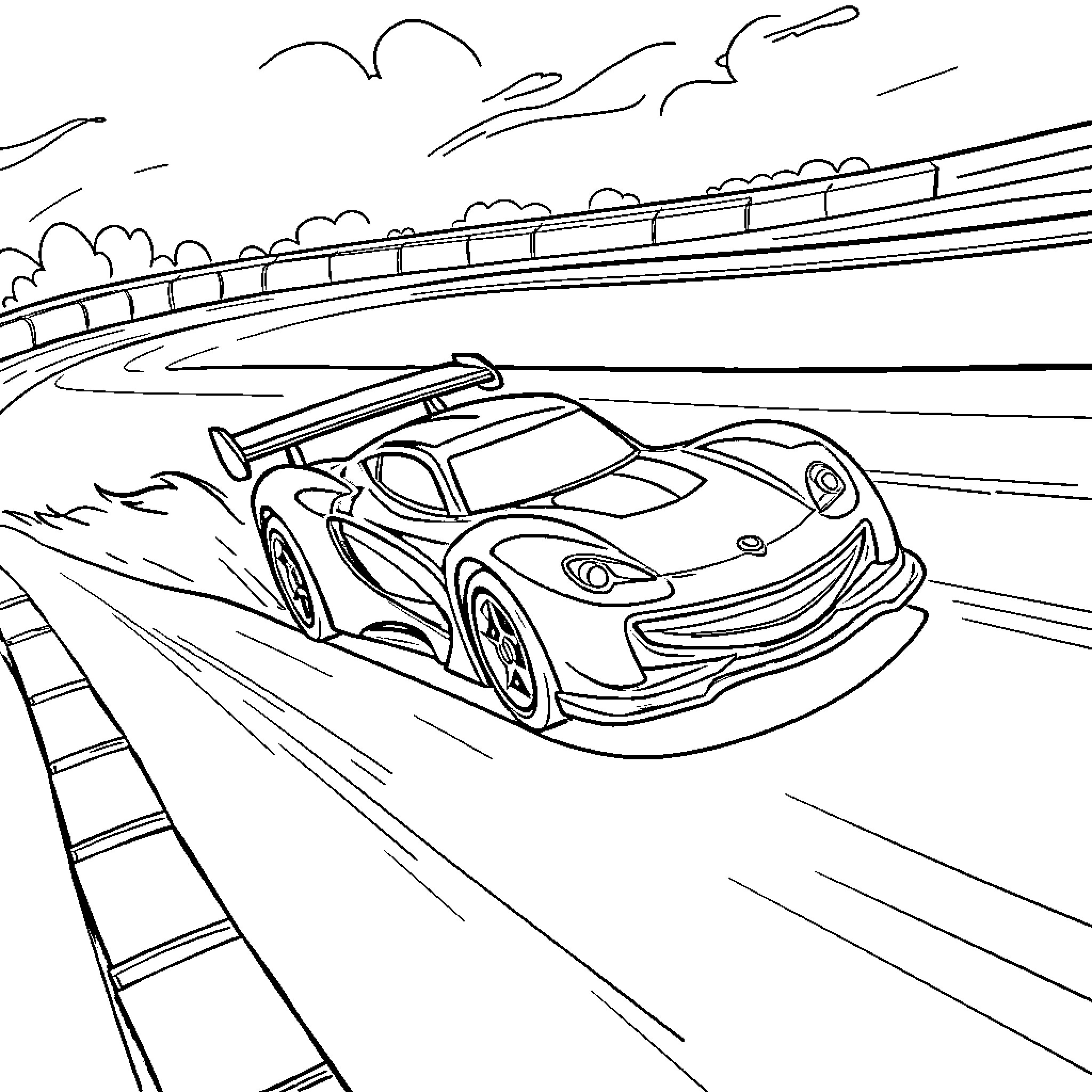 Hot Wheel race car speeding on the track Coloring Page (free black-and-white line drawing printable PDF for all, from beginners to advanced learners, including children, teens, adults, and seniors)
