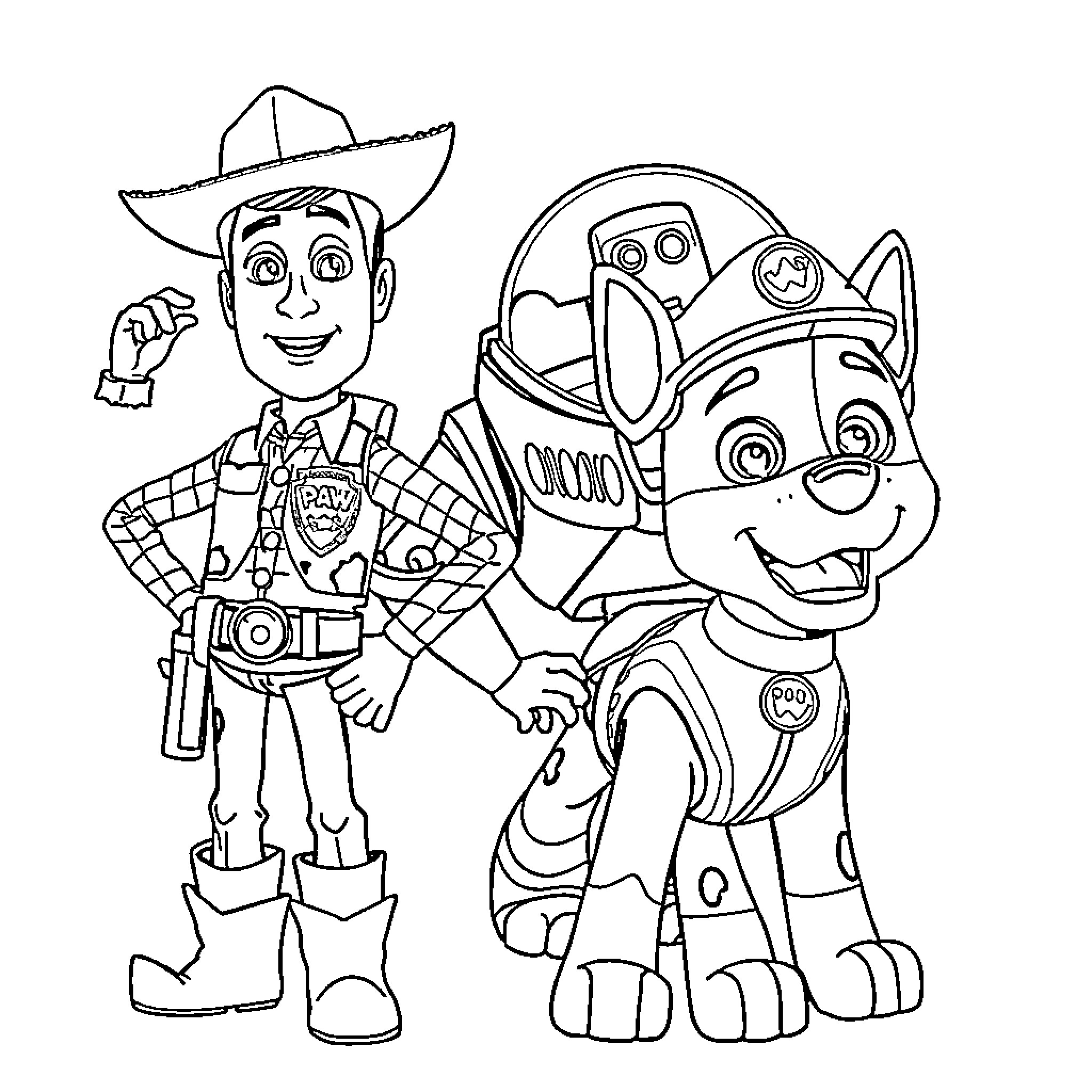 Toy cowboy and robot dog characters Coloring Page (free black-and-white line drawing printable PDF for all, from beginners to advanced learners, including children, teens, adults, and seniors)