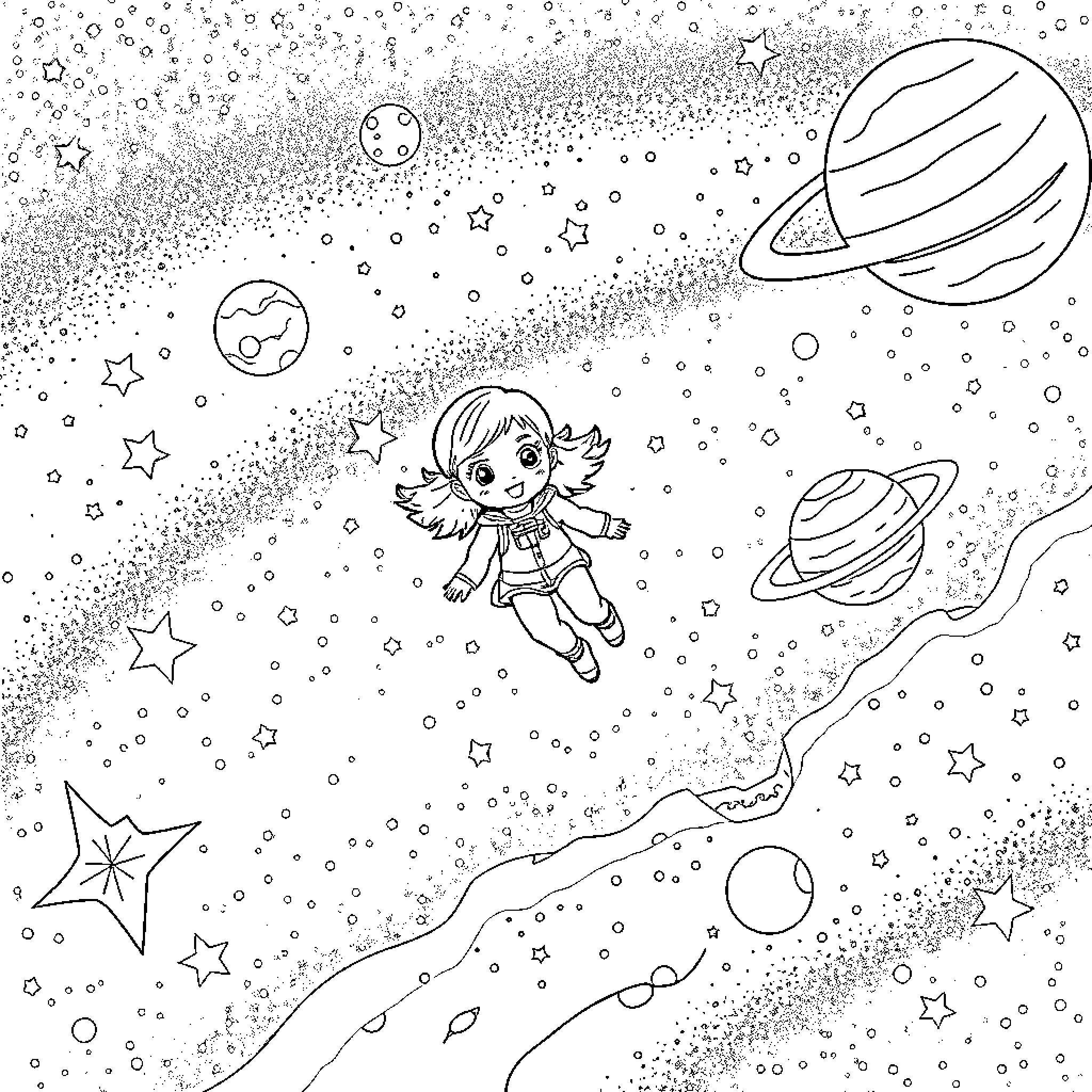 Gabby's Cosmic Adventure Coloring Page (free black-and-white line drawing printable PDF for all, from beginners to advanced learners, including children, teens, adults, and seniors)