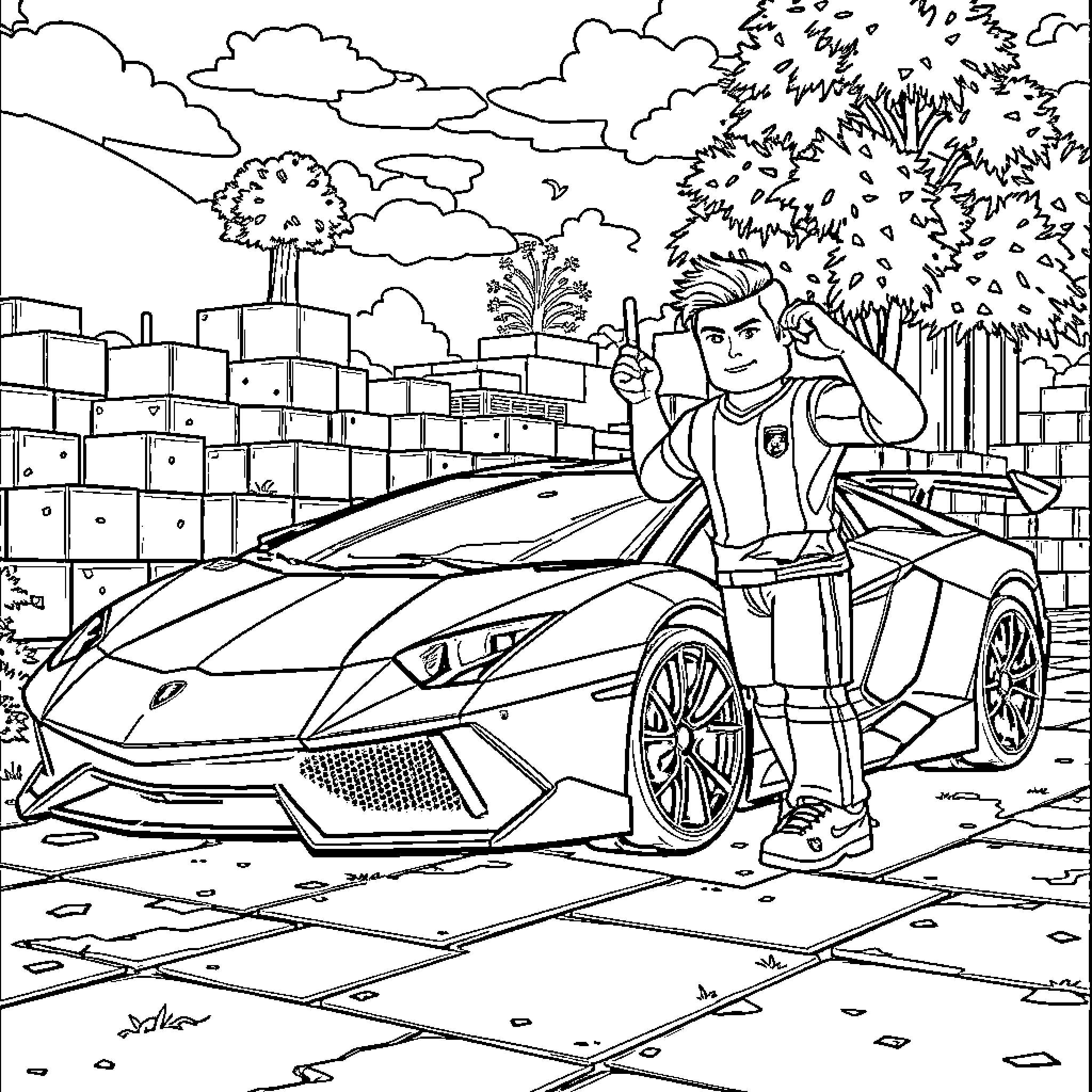 Roblox Character Admiring Luxury Sports Car Coloring Page (free black-and-white line drawing printable PDF for all, from beginners to advanced learners, including children, teens, adults, and seniors)