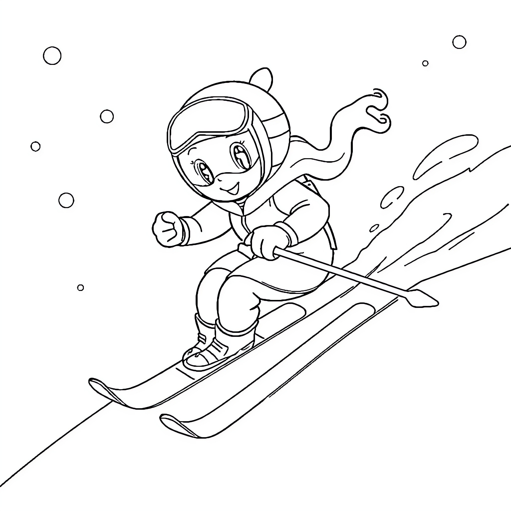 Stella's Snowy Ski Adventure Coloring Page (free black-and-white line drawing printable PDF for all, from beginners to advanced learners, including children, teens, adults, and seniors)