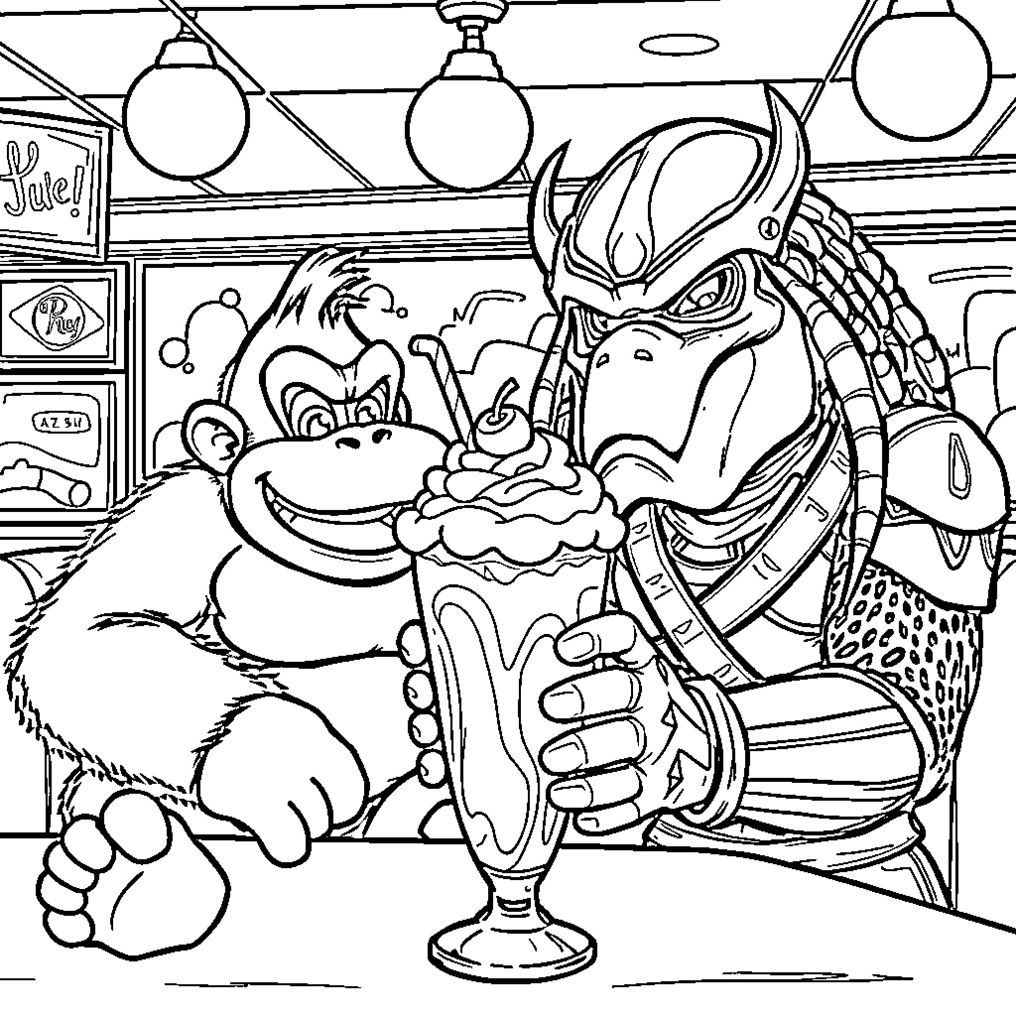 Donkey Kong and Diddy Kong enjoying milkshakes Coloring Page (free black-and-white line drawing printable PDF for all, from beginners to advanced learners, including children, teens, adults, and seniors)