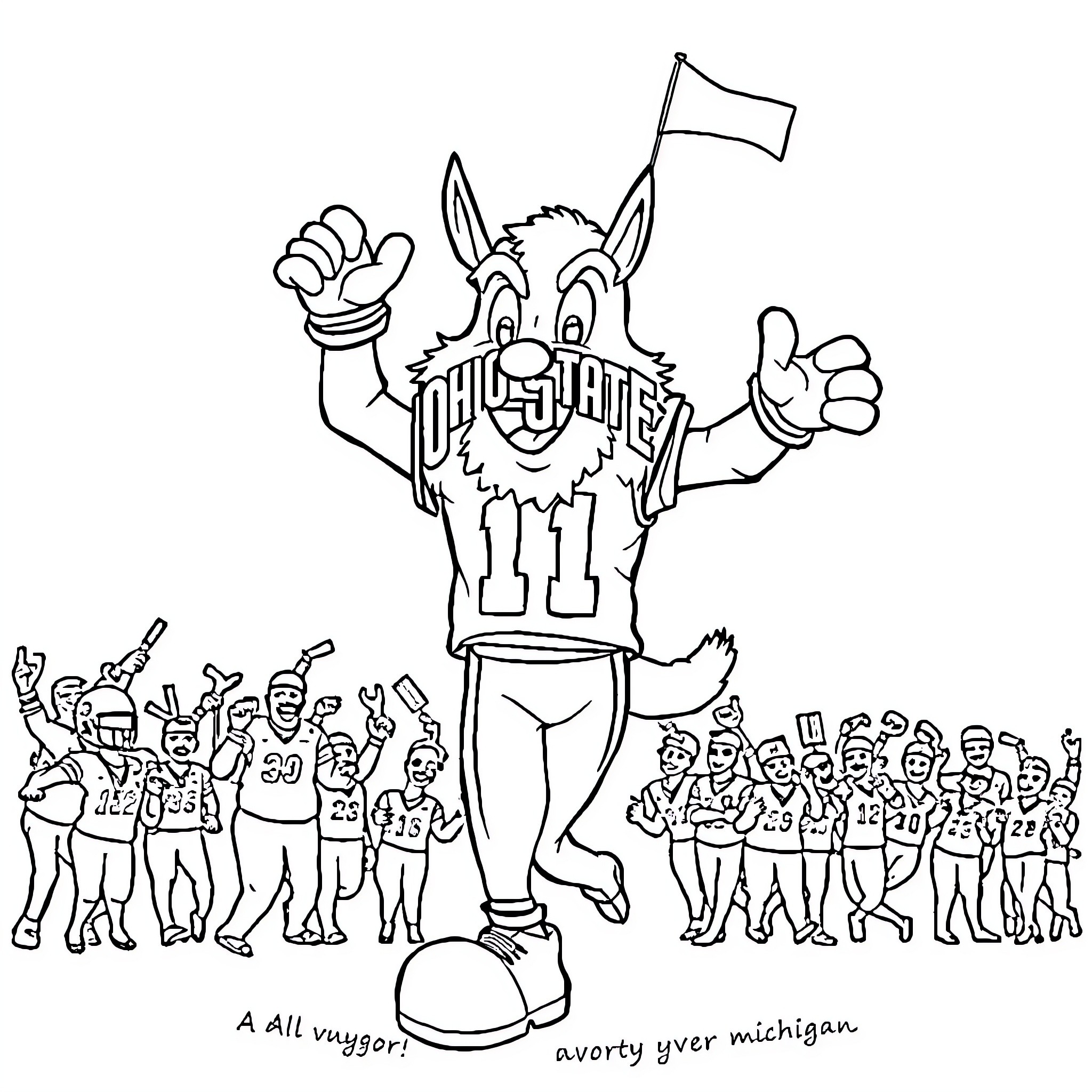 Mascot celebrating with fans at sports event Coloring Page (free black-and-white line drawing printable PDF for all, from beginners to advanced learners, including children, teens, adults, and seniors)