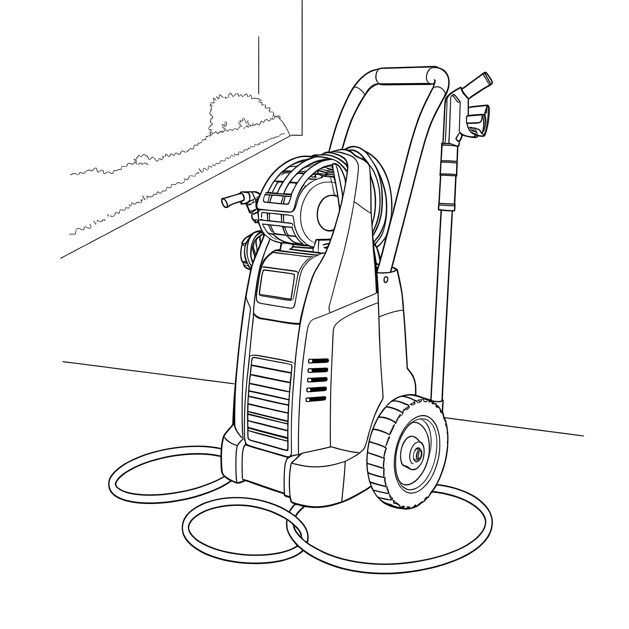 Power Washer in Use on Outdoor Scene Coloring Page (free black-and-white line drawing printable PDF for all, from beginners to advanced learners, including children, teens, adults, and seniors)