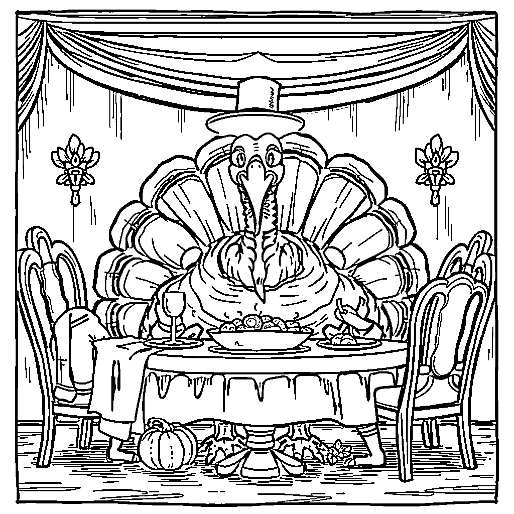 Turkey preparing festive Thanksgiving dinner on stage Coloring Page (free black-and-white line drawing printable PDF for all, from beginners to advanced learners, including children, teens, adults, and seniors)