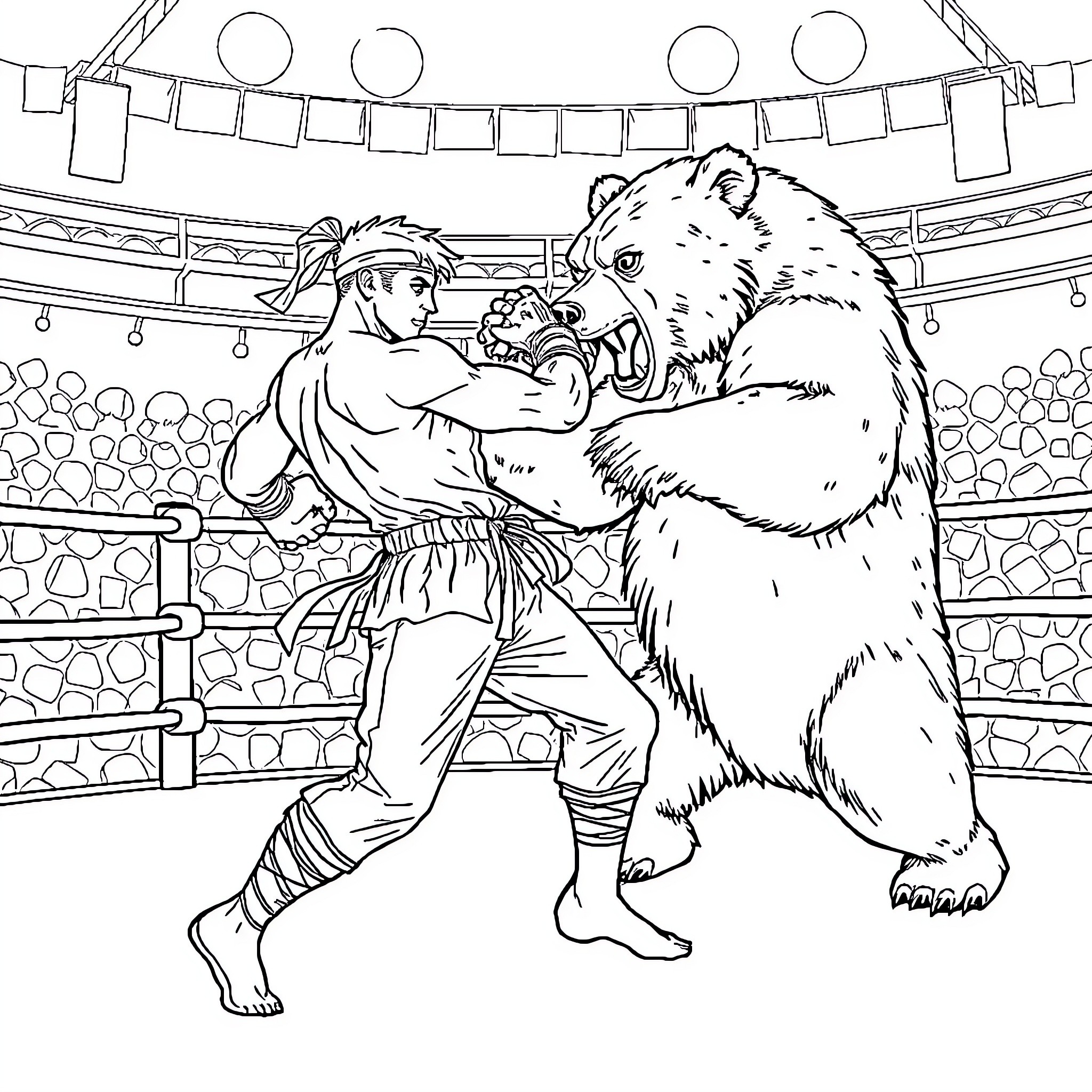Mix Martial Arts Fighter Battles Fierce Bear in the Arena Coloring Page (free black-and-white line drawing printable PDF for all, from beginners to advanced learners, including children, teens, adults, and seniors)