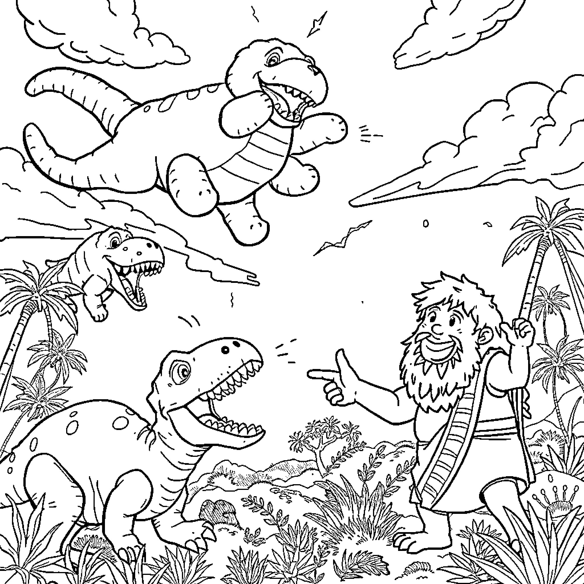 Stuffed Animal Dinosaurs and Caveman Adventure Coloring Page (free black-and-white line drawing printable PDF for all, from beginners to advanced learners, including children, teens, adults, and seniors)