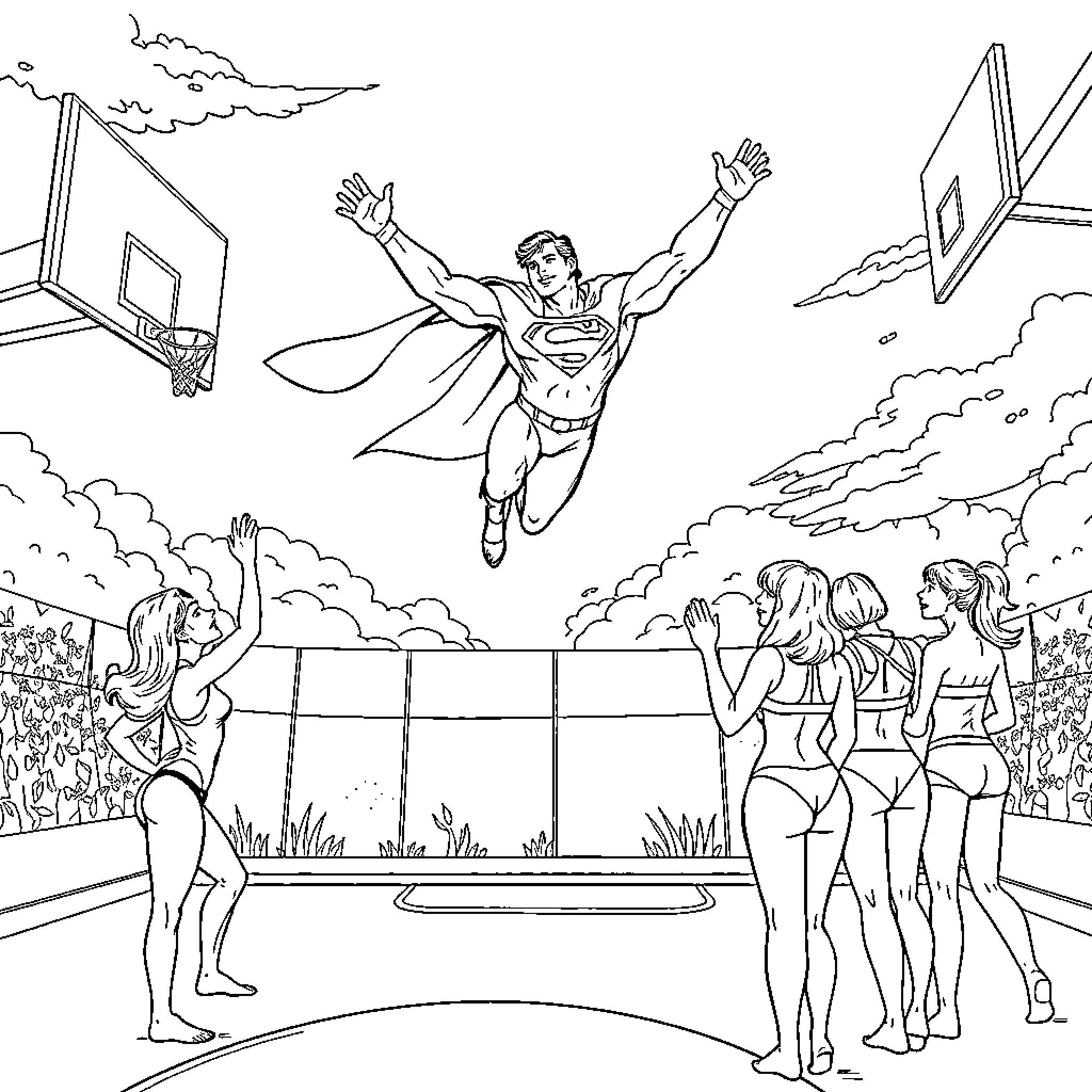 Superman soaring over beach volleyball game Coloring Page (free black-and-white line drawing printable PDF for all, from beginners to advanced learners, including children, teens, adults, and seniors)
