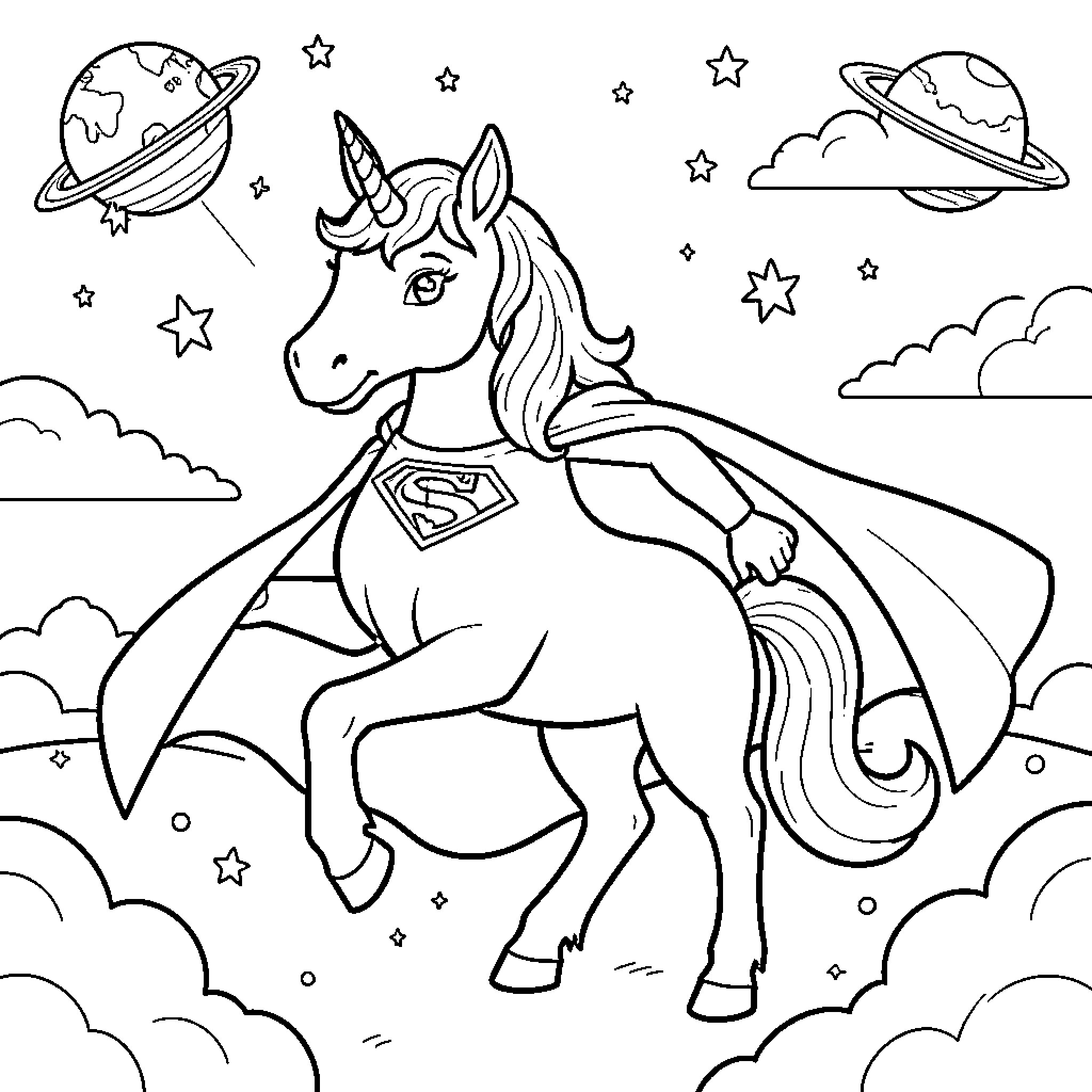 Unicorn wearing a superhero cape flying through outer space Coloring Page (free black-and-white line drawing printable PDF for all, from beginners to advanced learners, including children, teens, adults, and seniors)