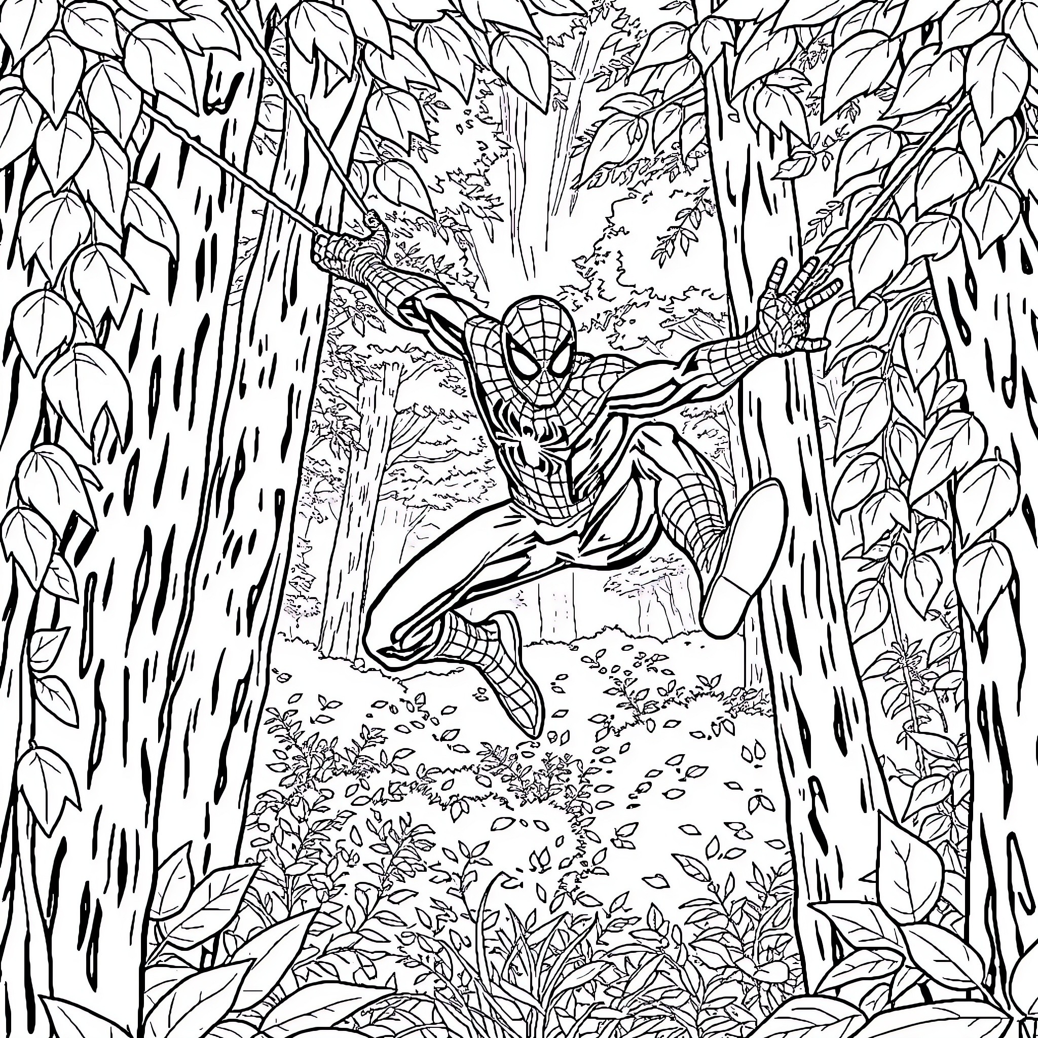 Spider-Man swinging through the jungle foliage Coloring Page (free black-and-white line drawing printable PDF for all, from beginners to advanced learners, including children, teens, adults, and seniors)