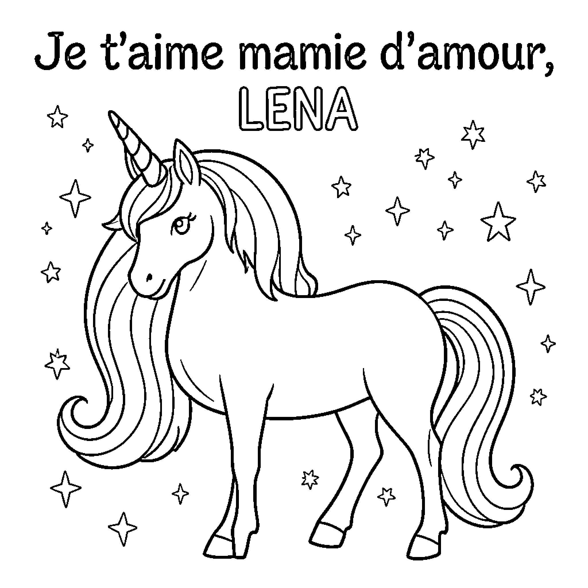 Unicorn with a message of love and stars Coloring Page (free black-and-white line drawing printable PDF for all, from beginners to advanced learners, including children, teens, adults, and seniors)