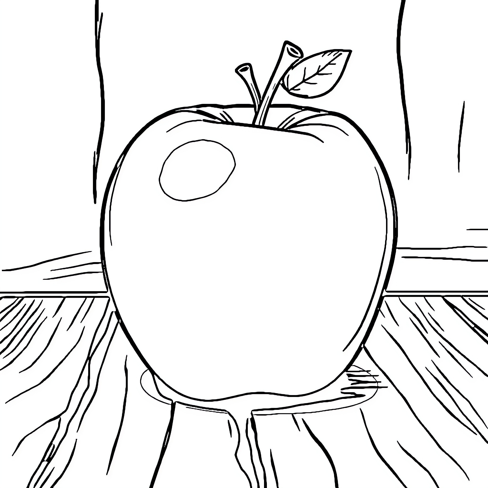 Apple on wooden table with leaves Coloring Page (free black-and-white line drawing printable PDF for all, from beginners to advanced learners, including children, teens, adults, and seniors)