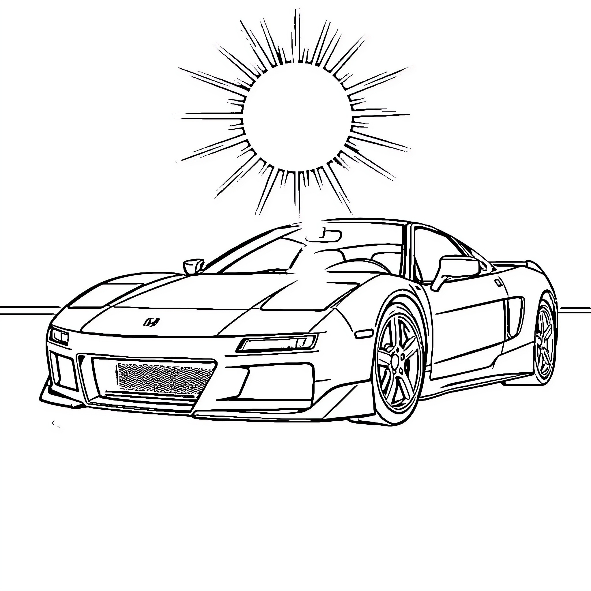 Honda NSX sports car in the sun Coloring Page (free black-and-white line drawing printable PDF for all, from beginners to advanced learners, including children, teens, adults, and seniors)