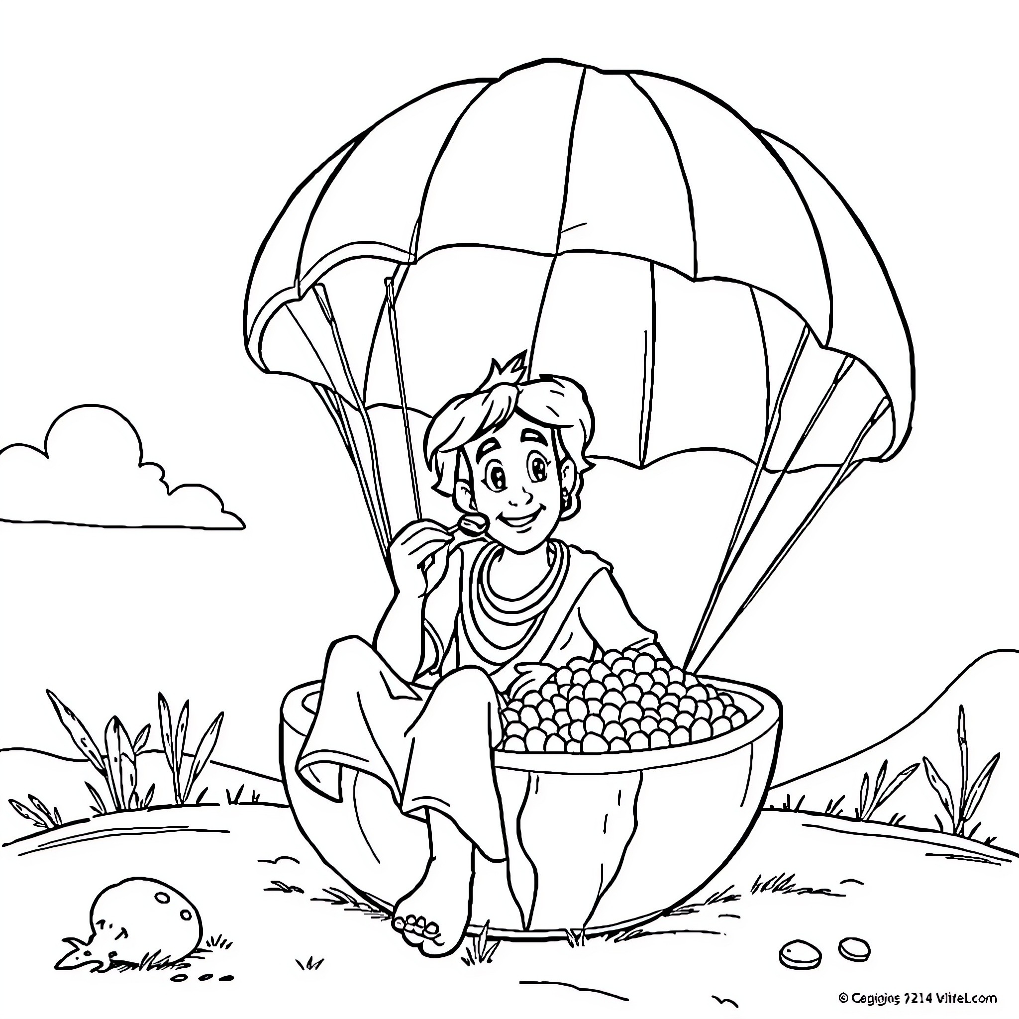Aladdin parachuting with a basket of fruits Coloring Page (free black-and-white line drawing printable PDF for all, from beginners to advanced learners, including children, teens, adults, and seniors)