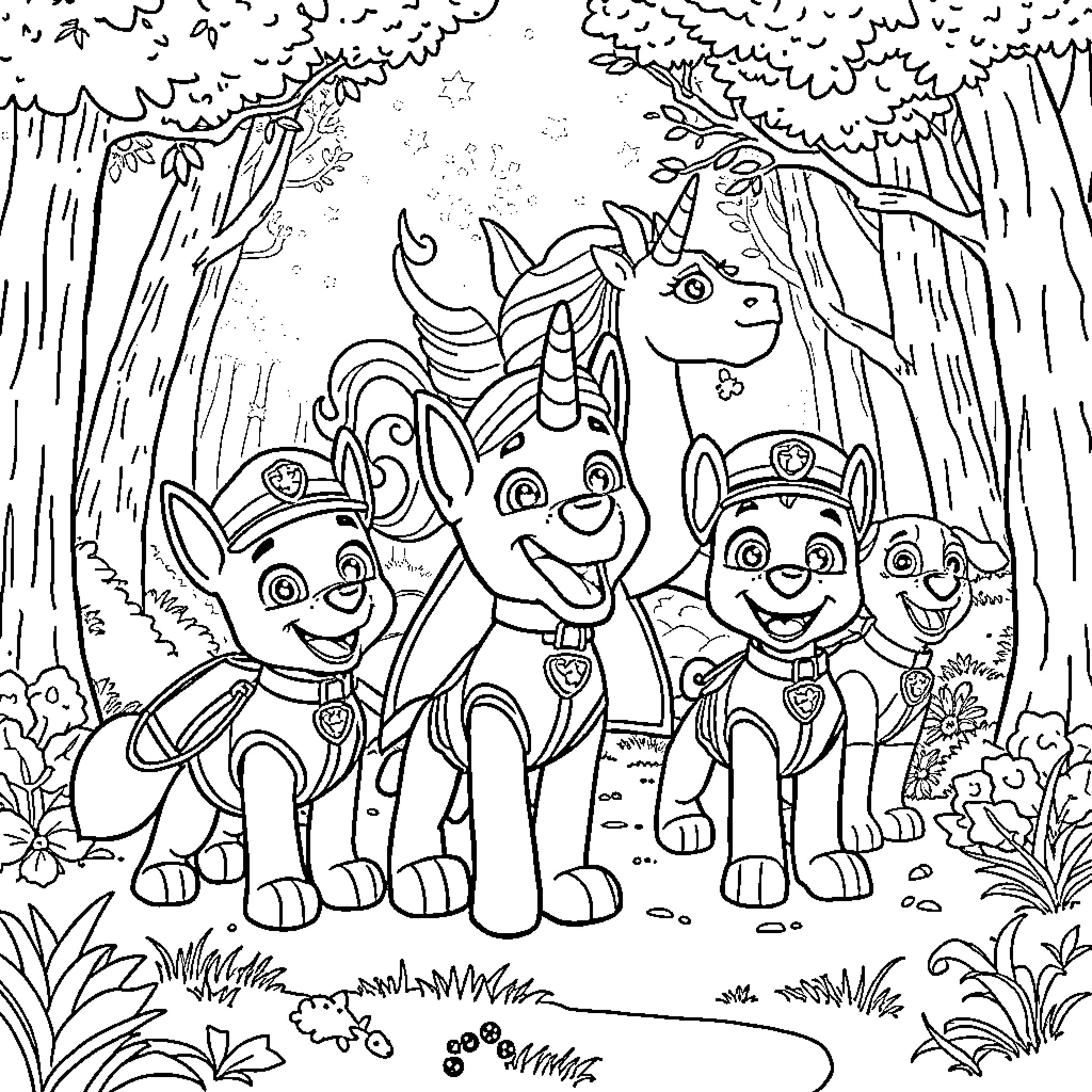 Pat Patrol: Puppies Exploring the Magical Forest Coloring Page (free black-and-white line drawing printable PDF for all, from beginners to advanced learners, including children, teens, adults, and seniors)