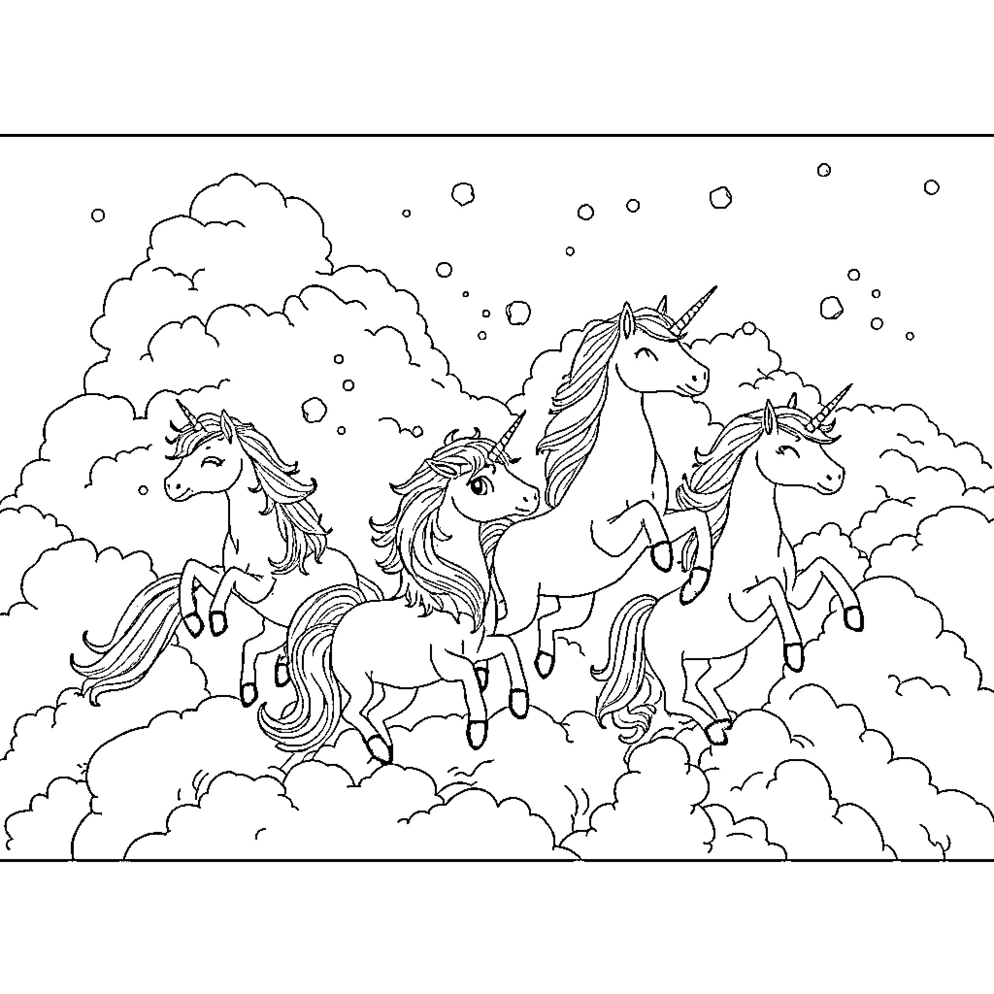 Unicorn herd galloping through the snowy clouds Coloring Page (free black-and-white line drawing printable PDF for all, from beginners to advanced learners, including children, teens, adults, and seniors)