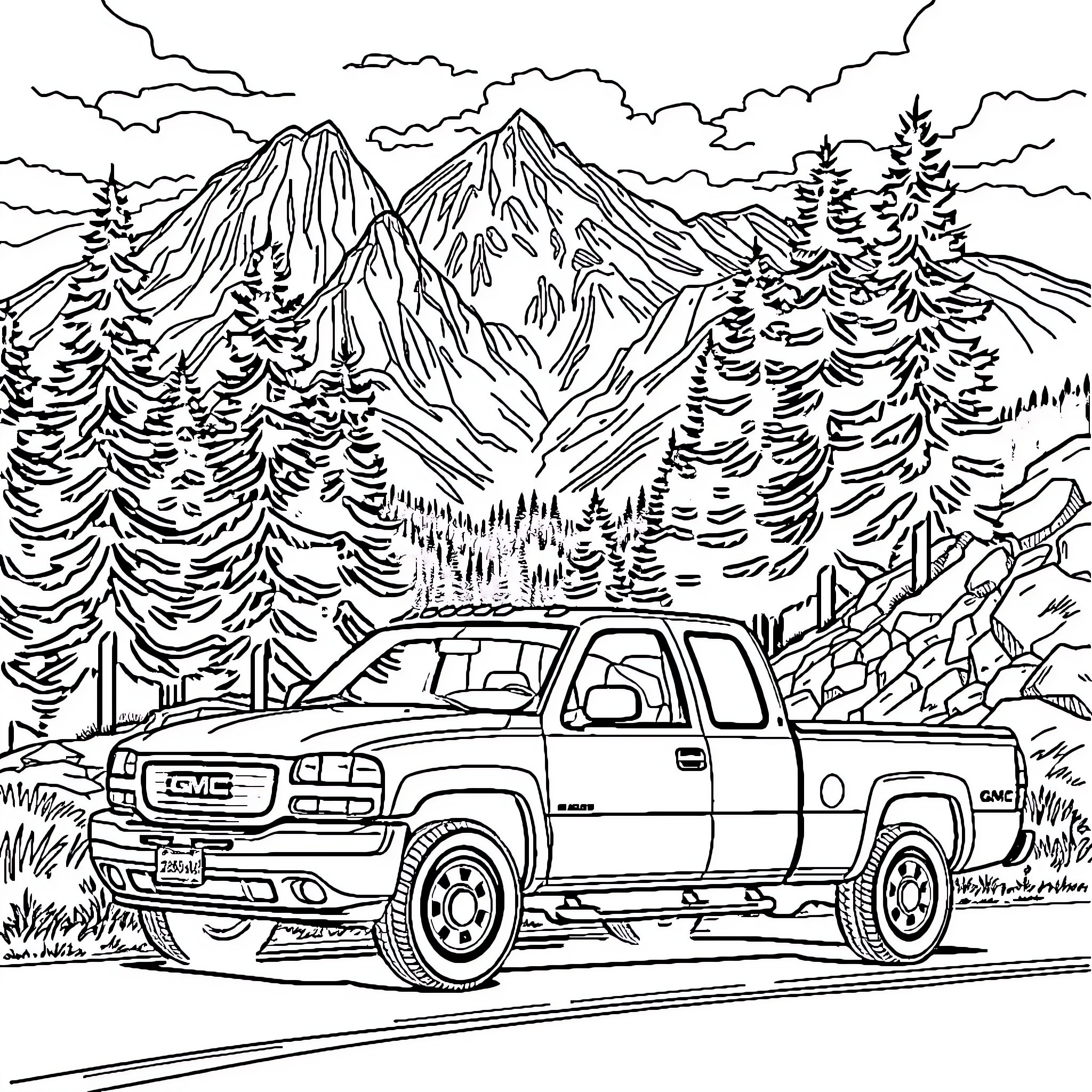 Truck driving through mountainous landscape Coloring Page (free black-and-white line drawing printable PDF for all, from beginners to advanced learners, including children, teens, adults, and seniors)