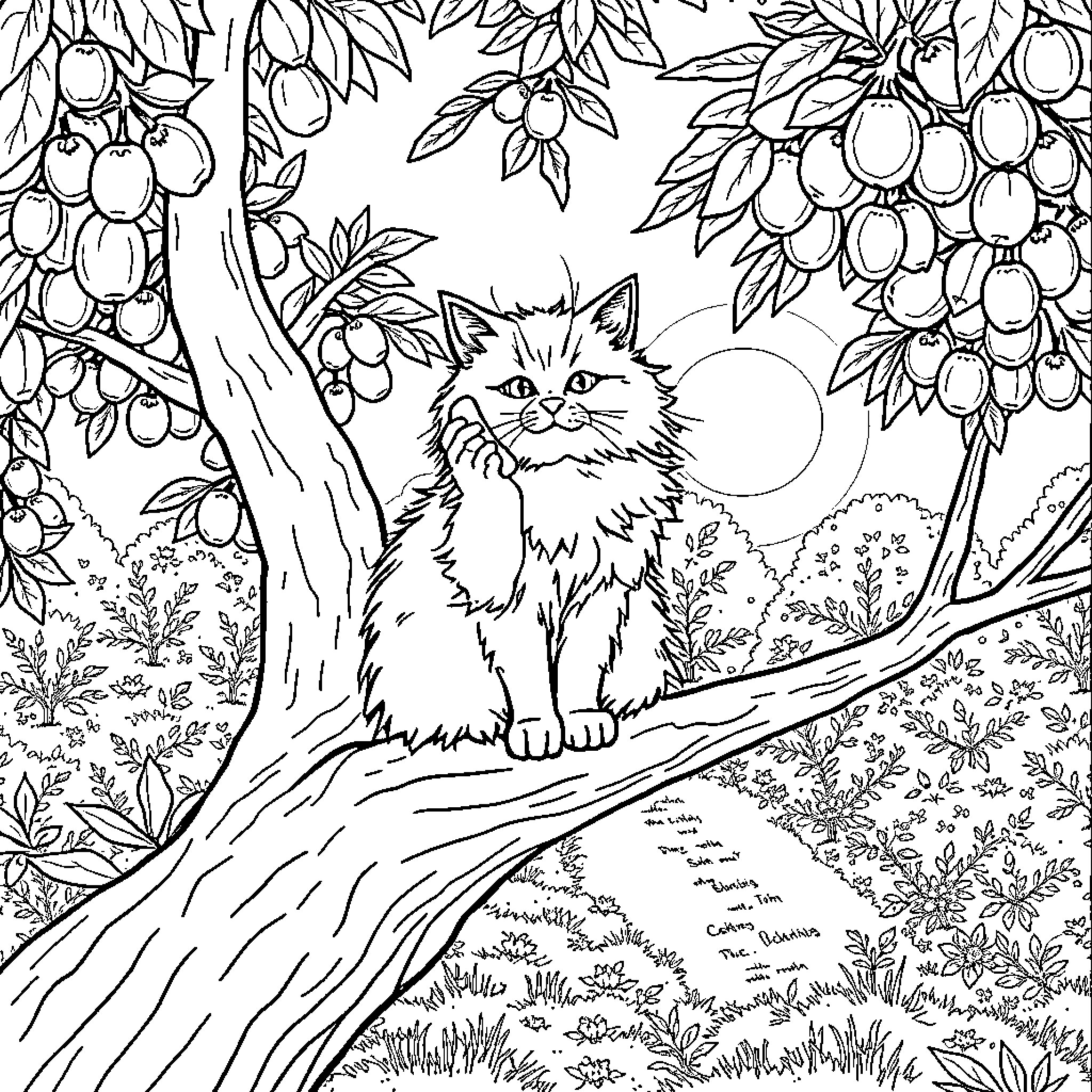 Cat resting on tree branch with fruits Coloring Page (free black-and-white line drawing printable PDF for all, from beginners to advanced learners, including children, teens, adults, and seniors)