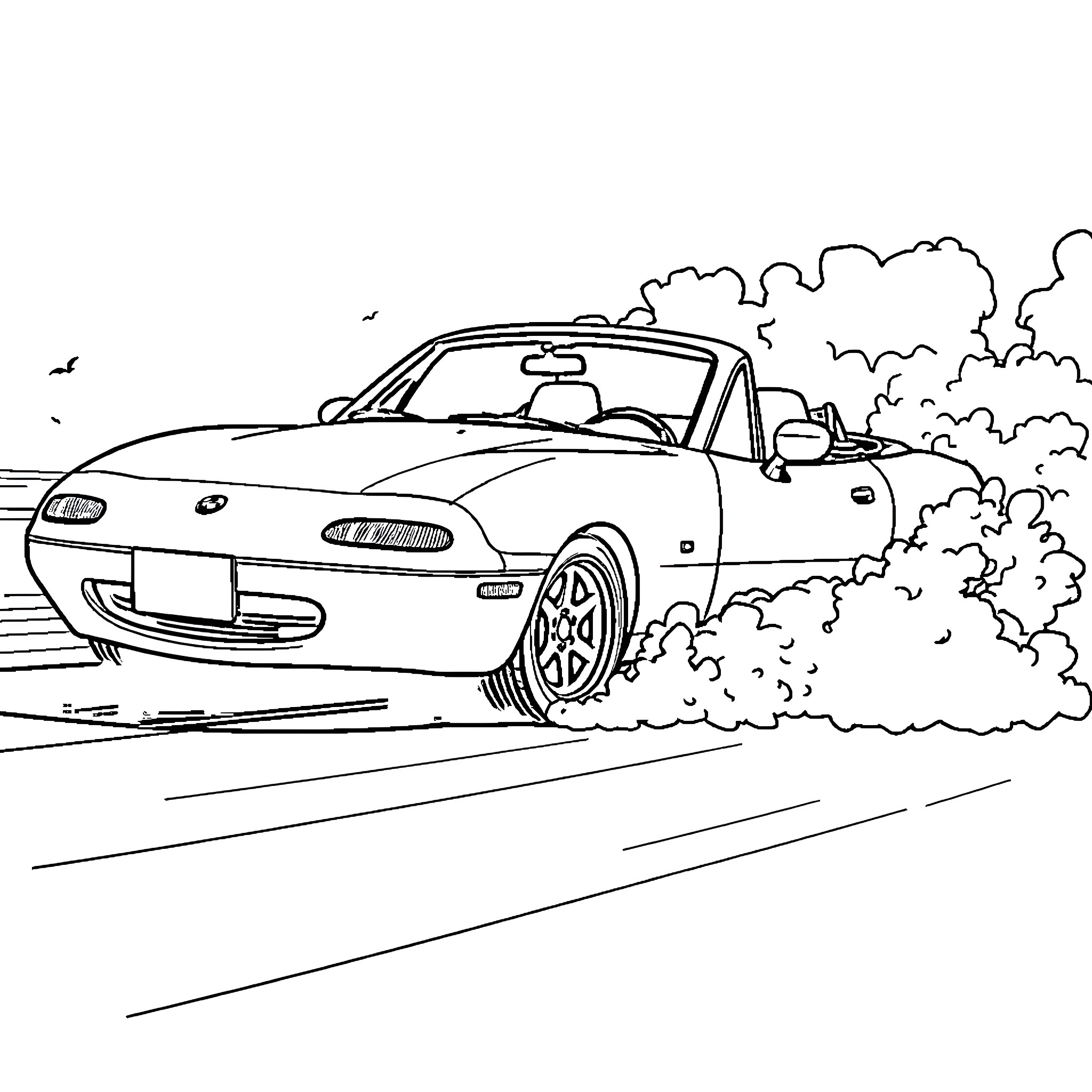 Miata speeding down the road with smoke billowing Coloring Page (free black-and-white line drawing printable PDF for all, from beginners to advanced learners, including children, teens, adults, and seniors)